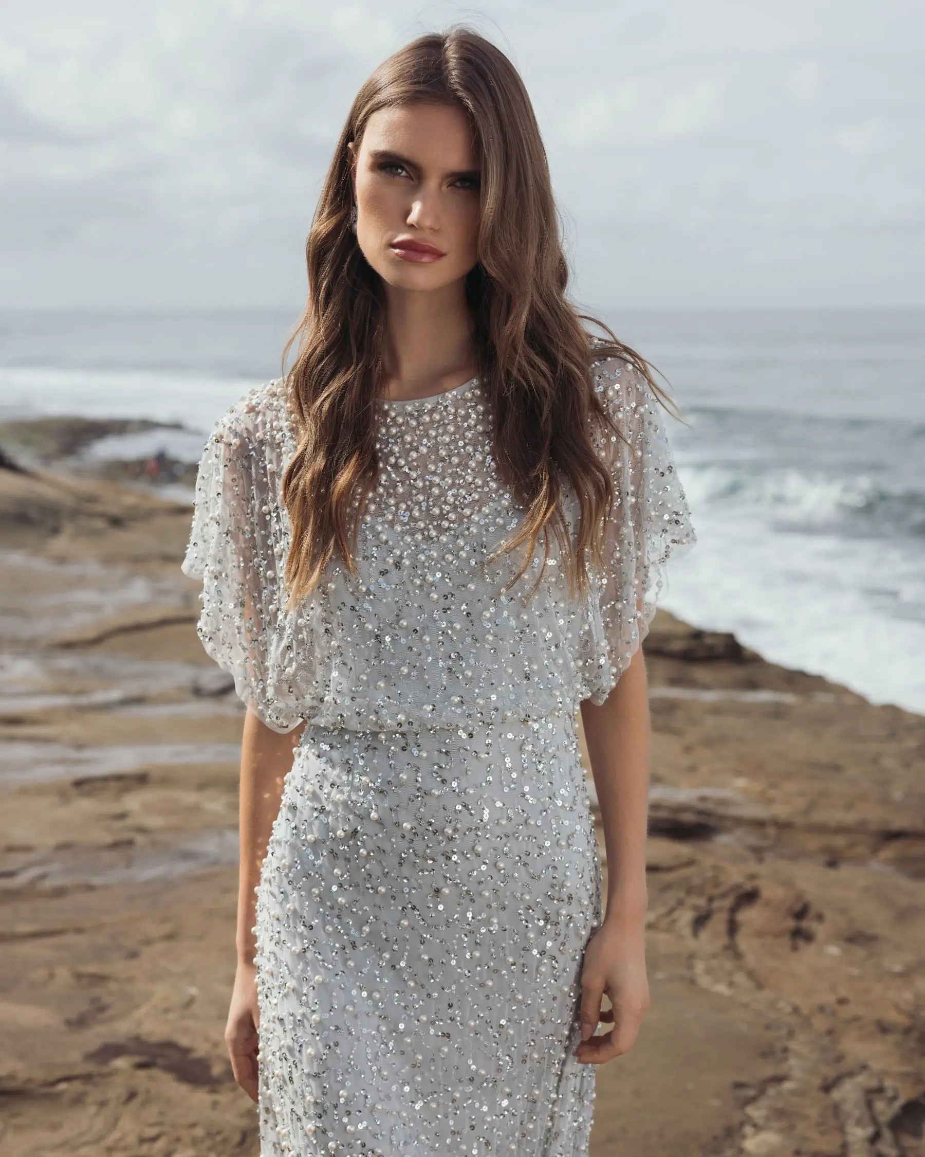 Blue High Neck Short Sleeve Embellished Gown-Myartka