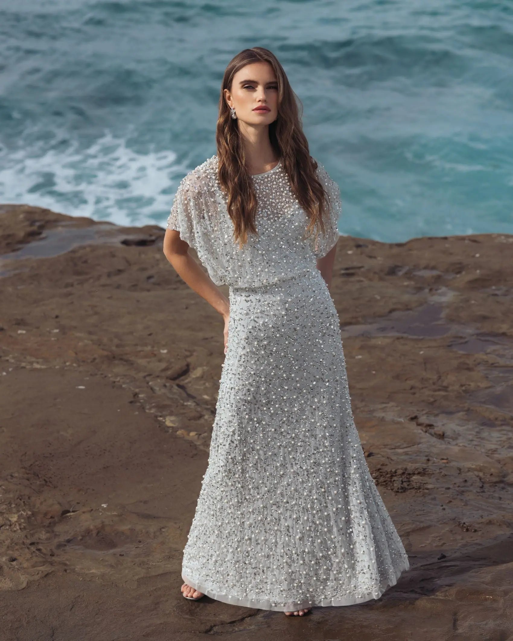 Blue High Neck Short Sleeve Embellished Gown-Myartka