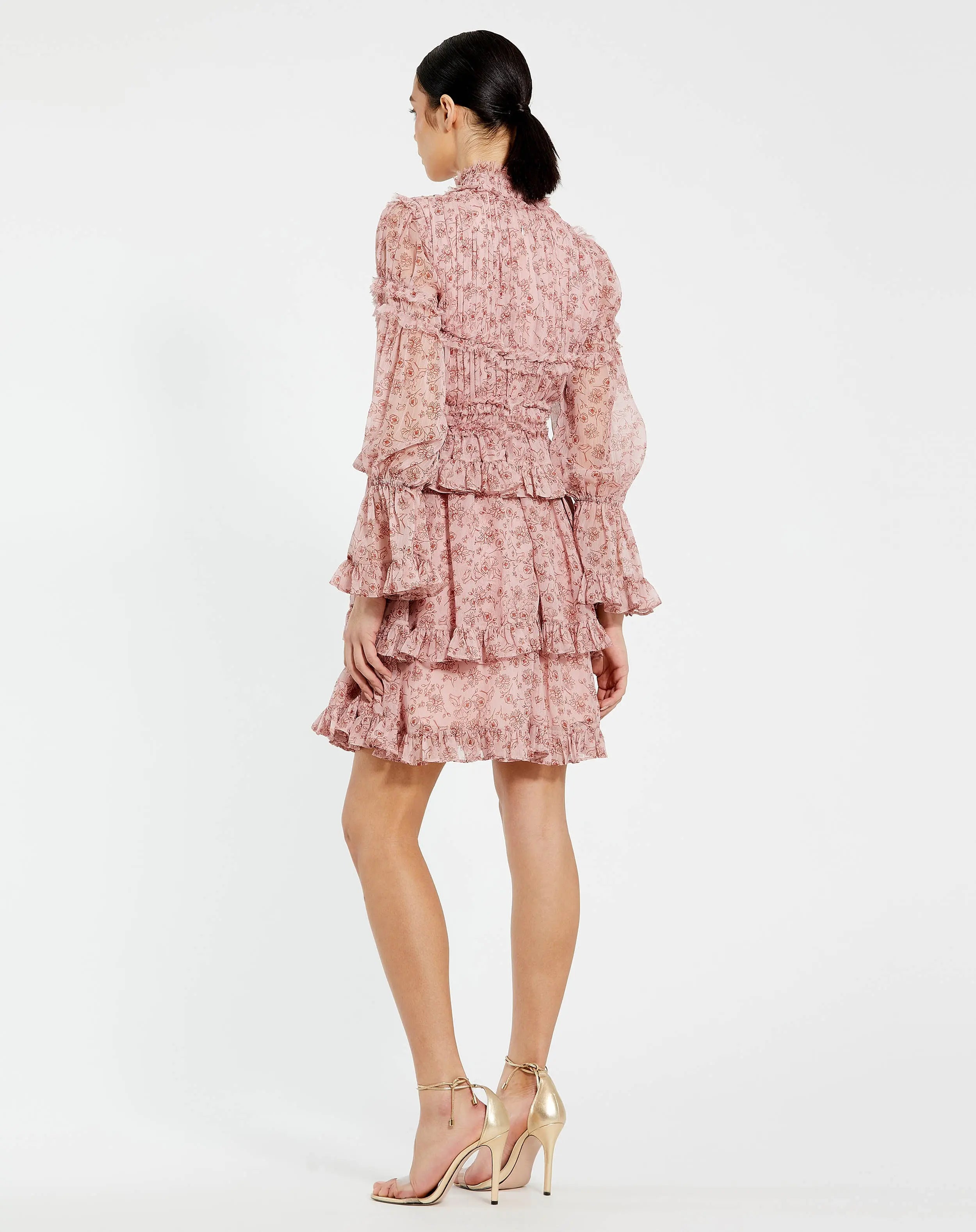 Pink Long Sleeve Mock Neck Ruffle Mini Dress-Myartka