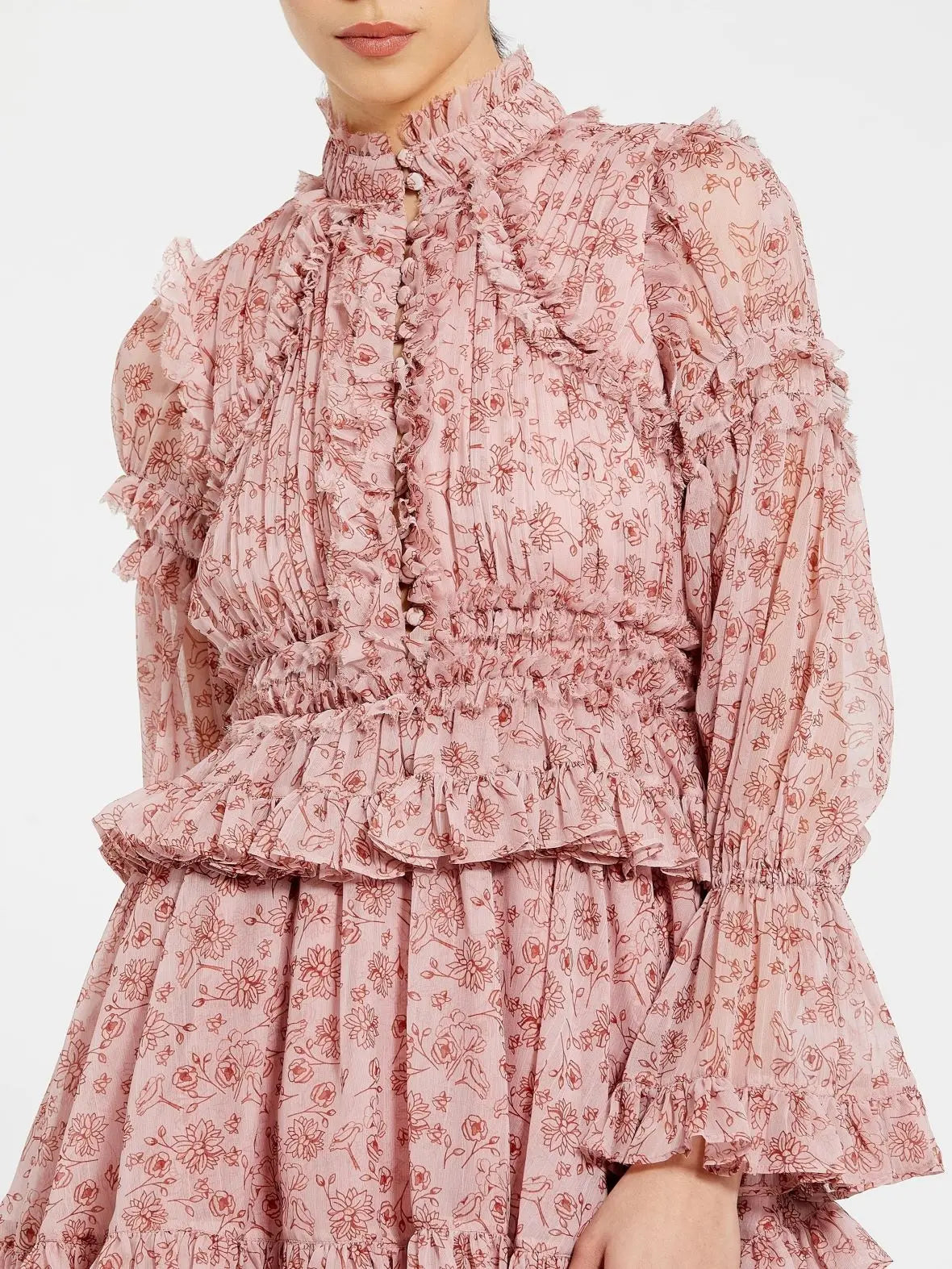 Pink Long Sleeve Mock Neck Ruffle Mini Dress-Myartka