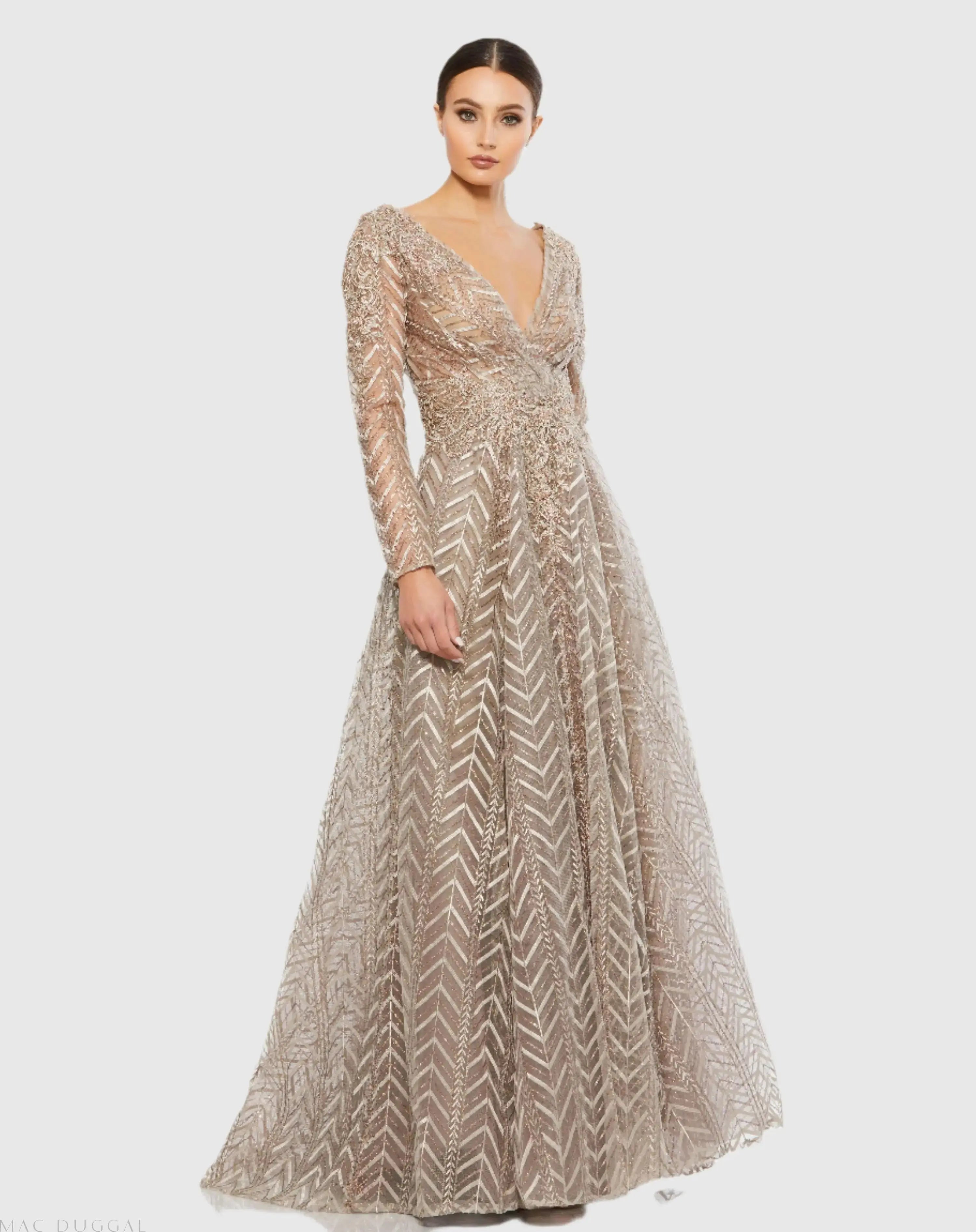 Embellished Illusion Long Sleeve Wrap Over A Line Gown-Myartka