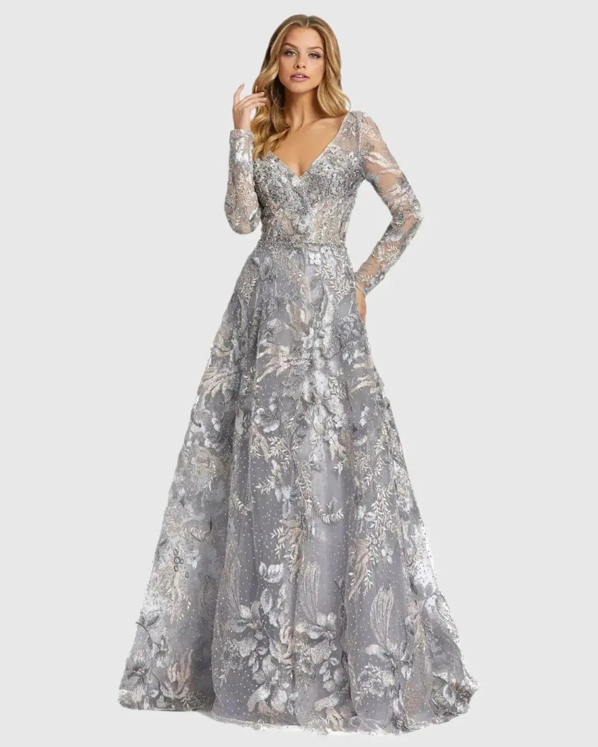 Gray Long Sleeve Beaded Applique Gown-Myartka