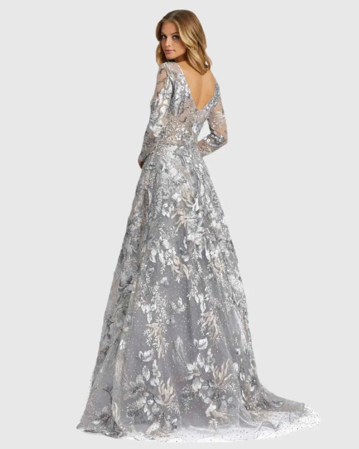 Gray Long Sleeve Beaded Applique Gown-Myartka