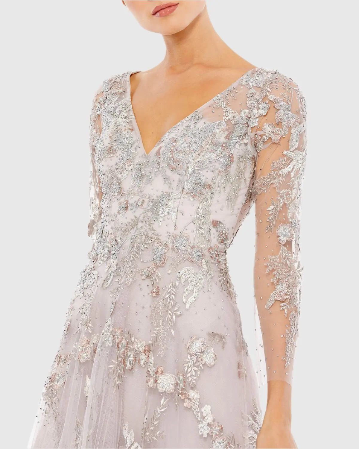 Purple Embroidered Illusion Long Sleeve A Line Gown-Myartka