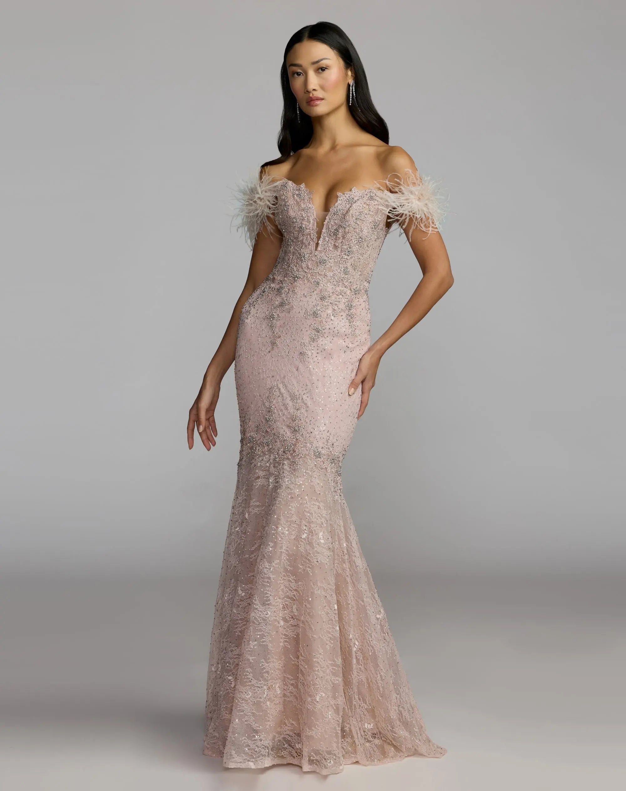 Pink Off The Shoulder Embellished Lace Feather Trim Gown-Myartka