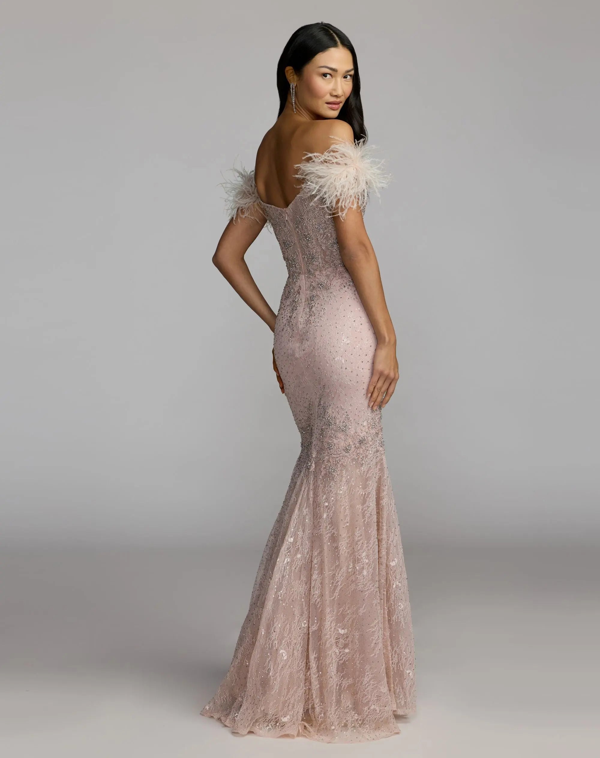 Pink Off The Shoulder Embellished Lace Feather Trim Gown-Myartka