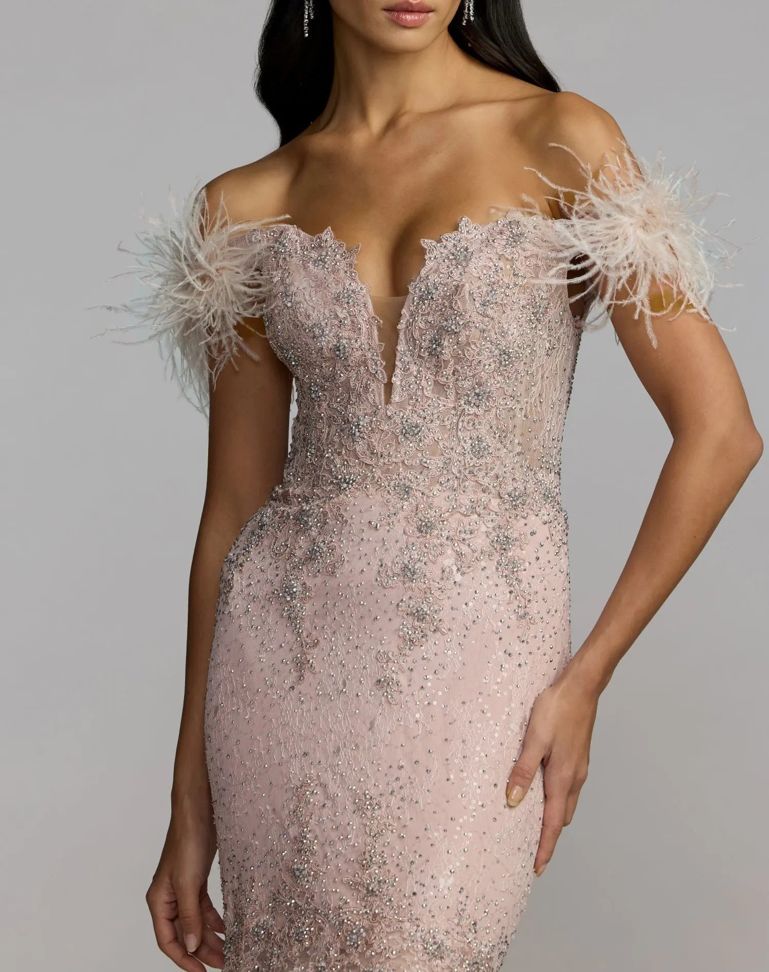 Pink Off The Shoulder Embellished Lace Feather Trim Gown-Myartka