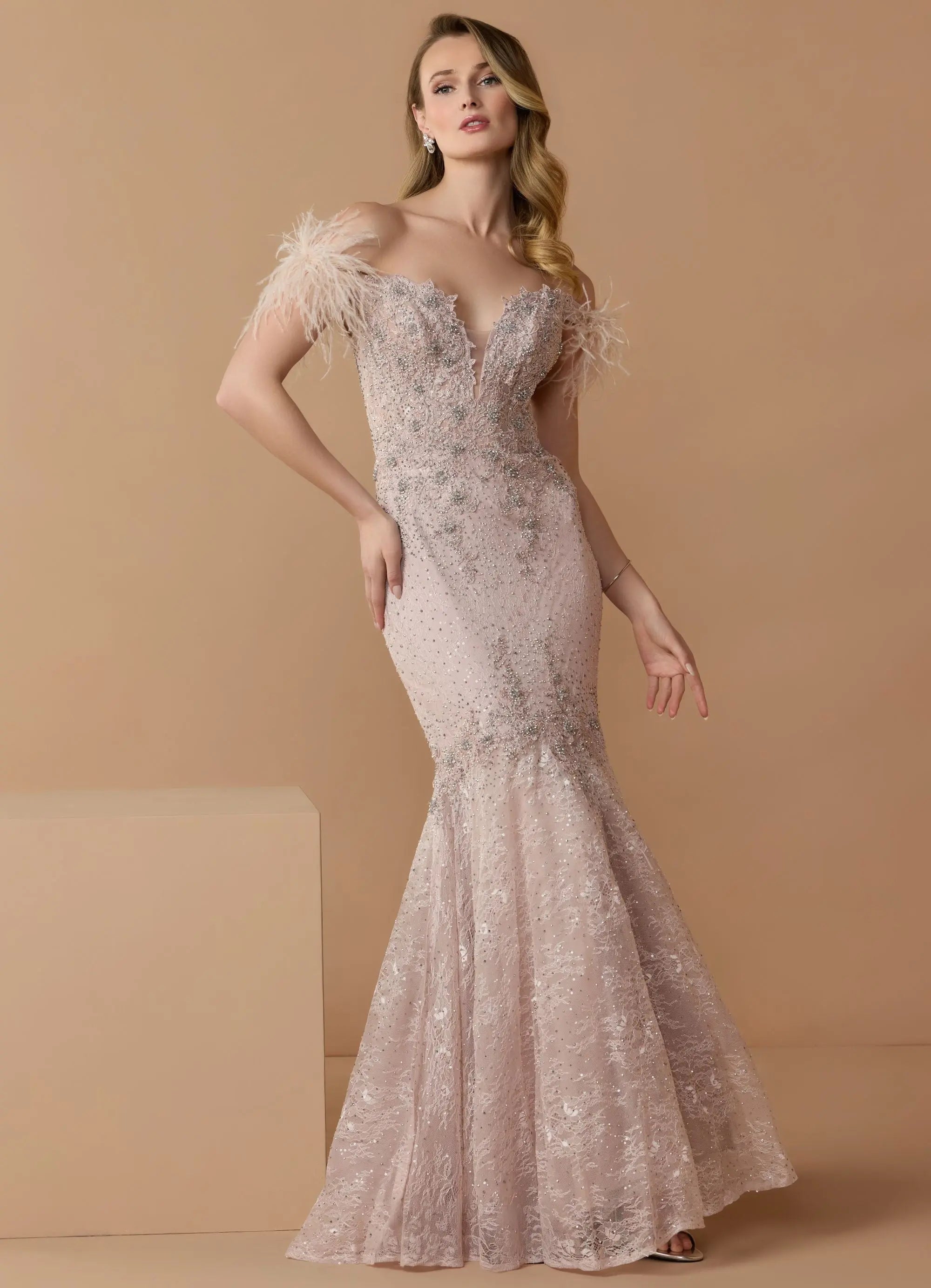 Pink Off The Shoulder Embellished Lace Feather Trim Gown-Myartka