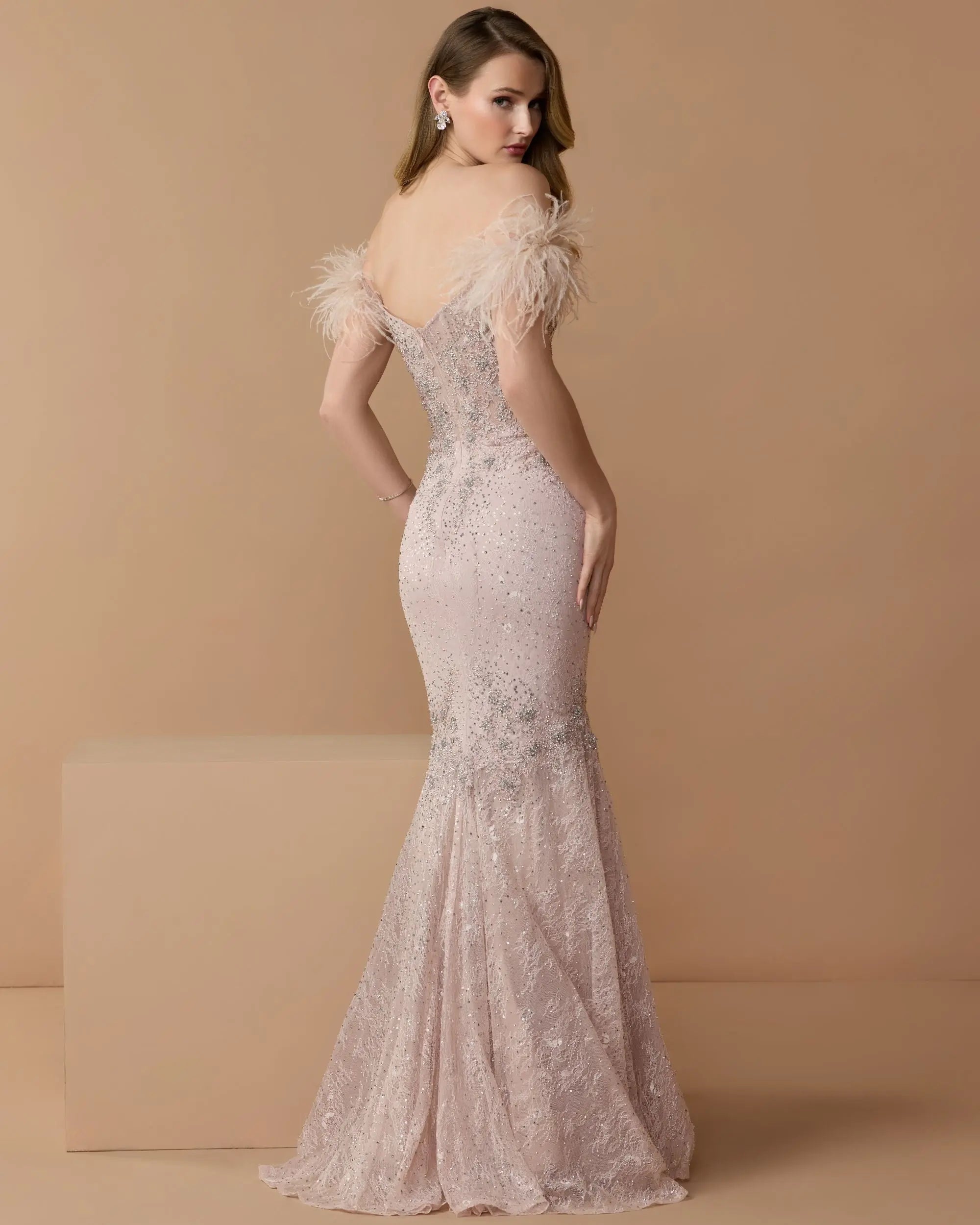 Pink Off The Shoulder Embellished Lace Feather Trim Gown-Myartka