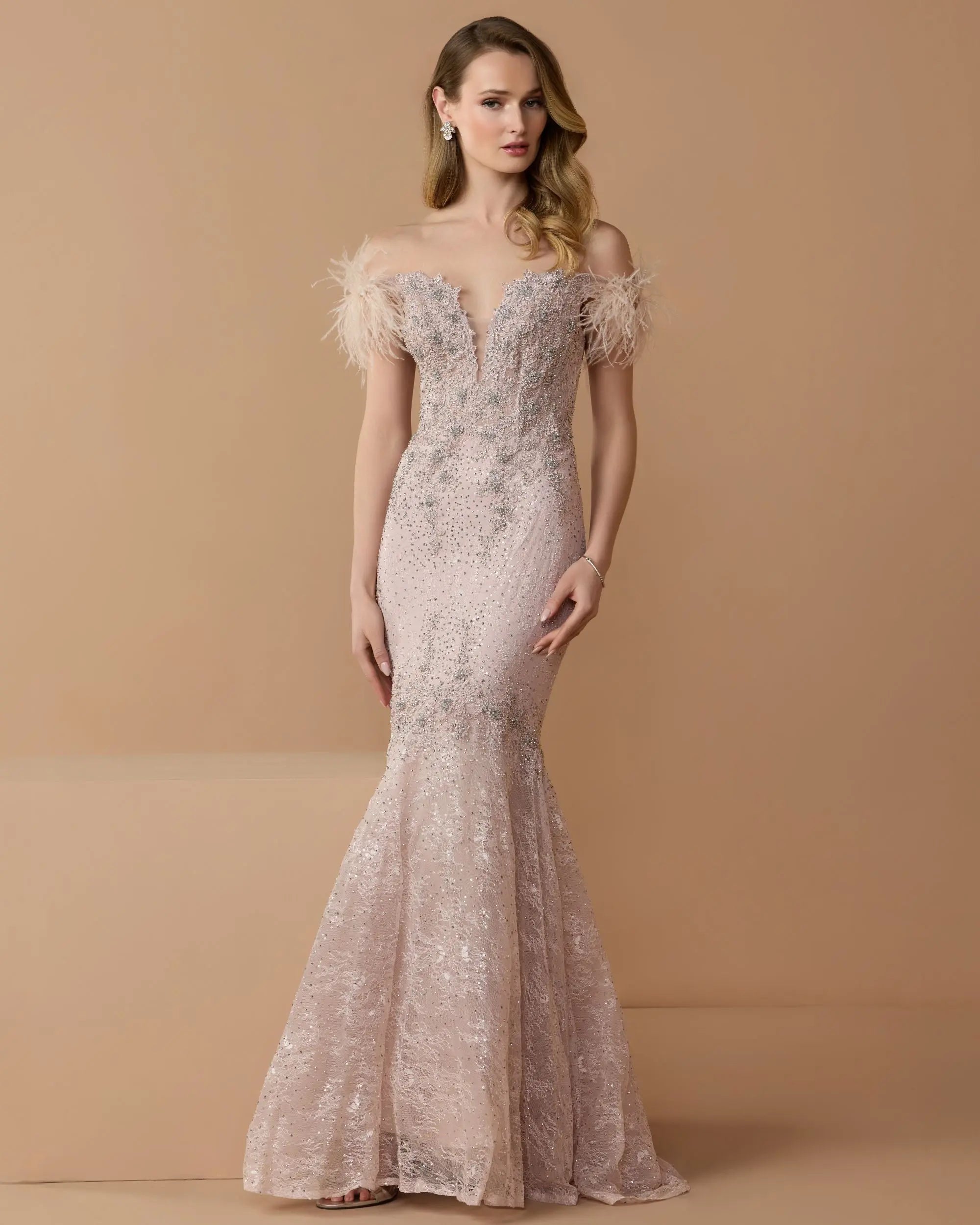 Pink Off The Shoulder Embellished Lace Feather Trim Gown-Myartka