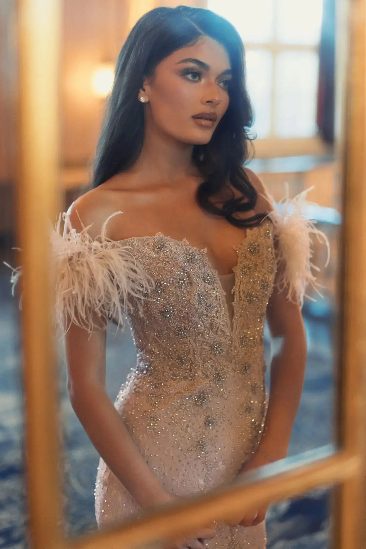 Pink Off The Shoulder Embellished Lace Feather Trim Gown-Myartka