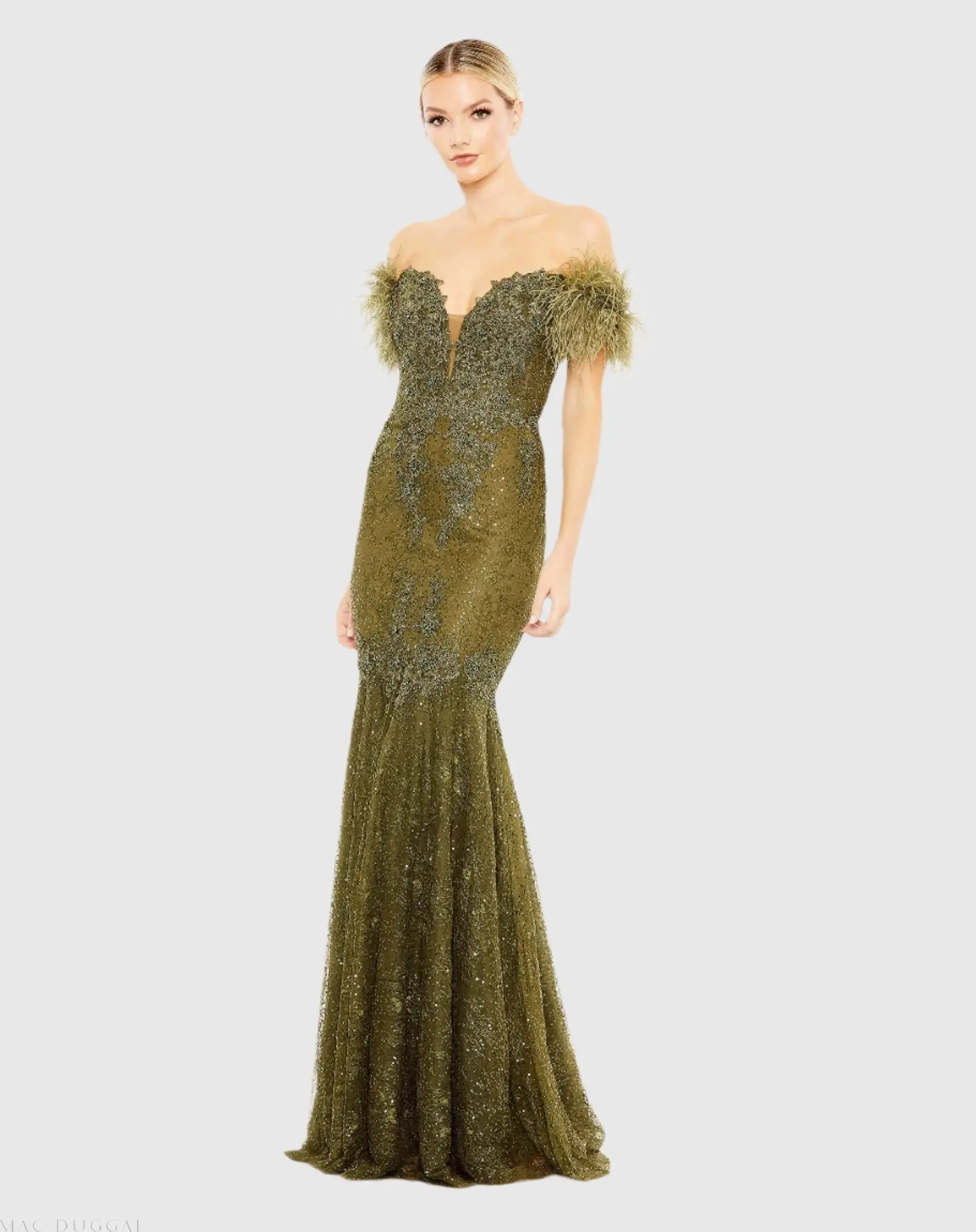 Feathered Crystal Embellished Sleeveless Gown-Myartka