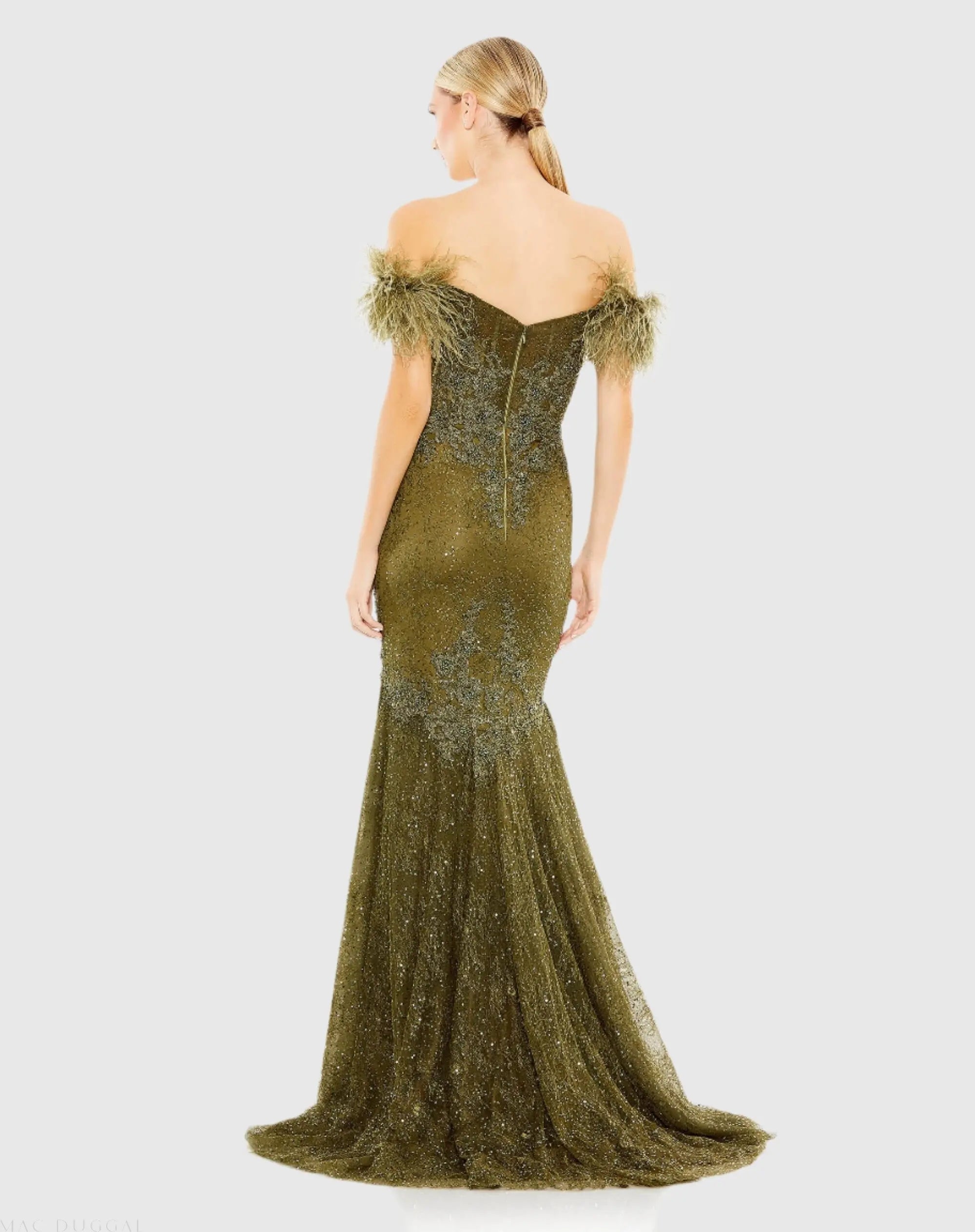 Green Off The Shoulder Embellished Lace Feather Trim Gown-Myartka