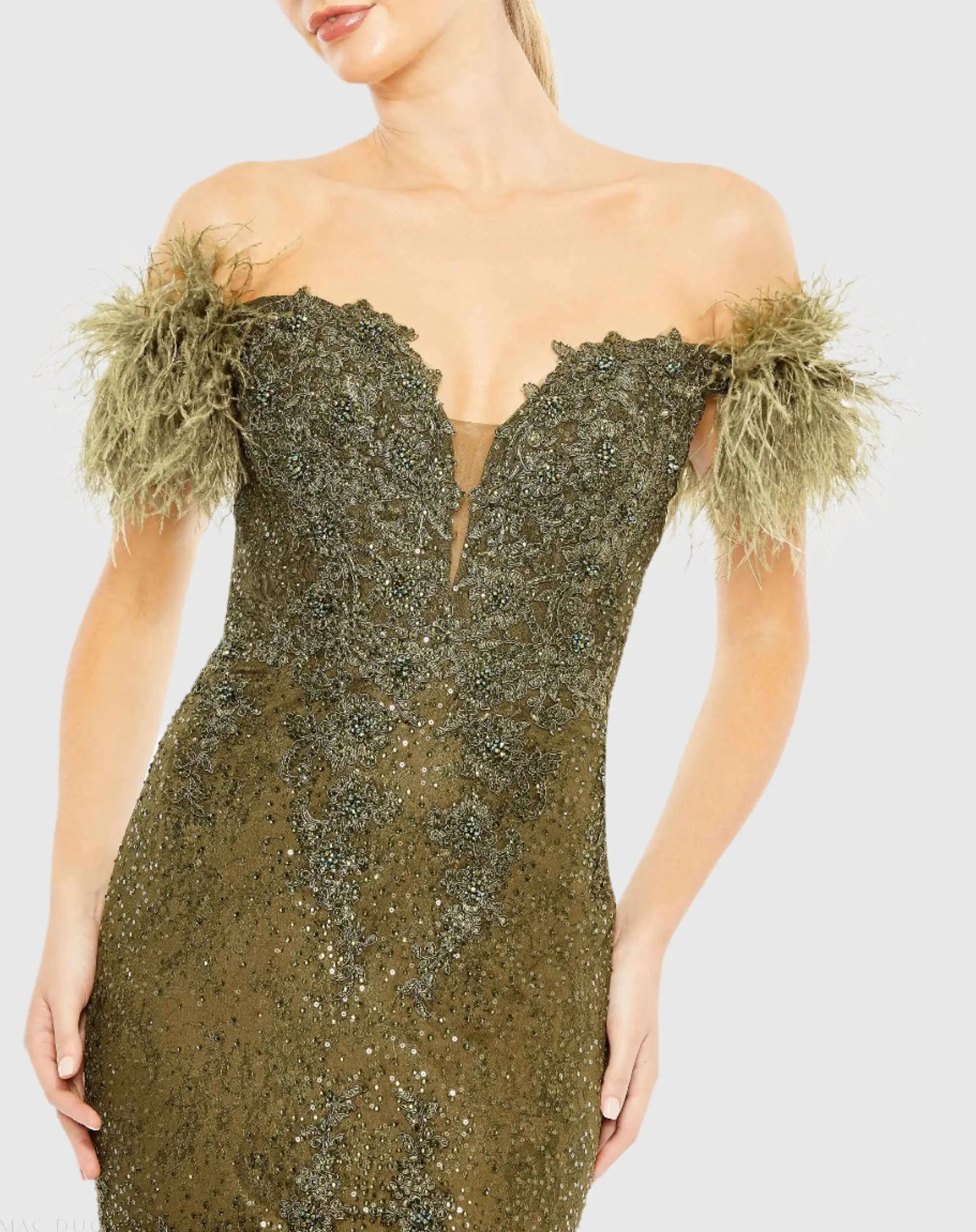 Green Off The Shoulder Embellished Lace Feather Trim Gown-Myartka