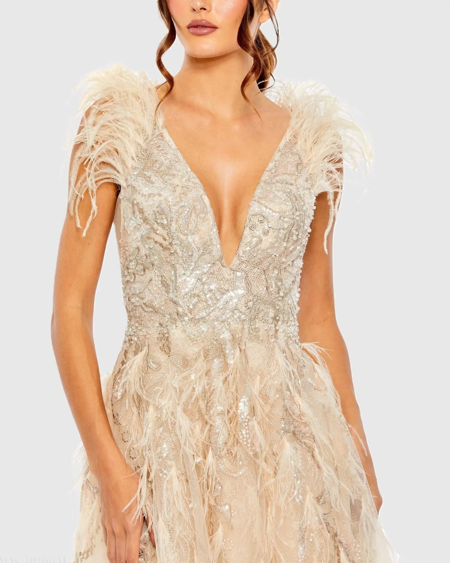 Beige Embellished Feathered Sleeveless A Line Gown-Myartka