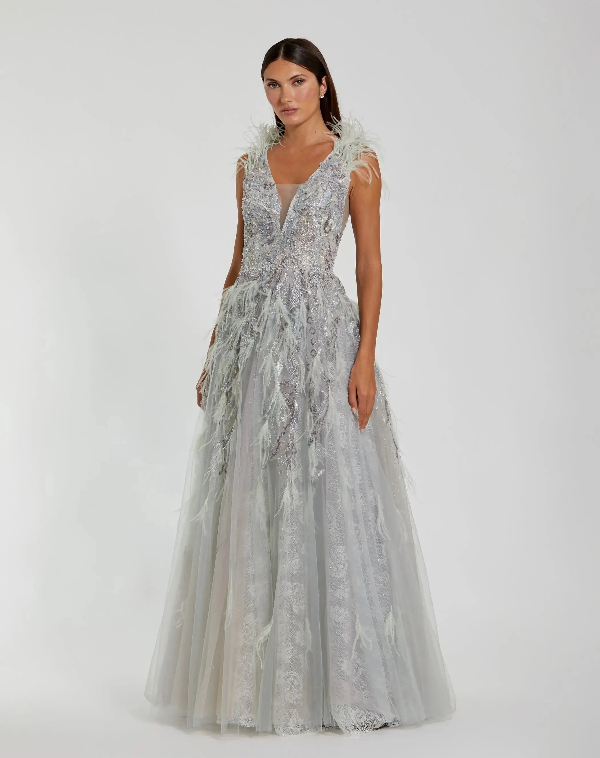 Embellished Feathered Sleeveless A Line Gown-Myartka