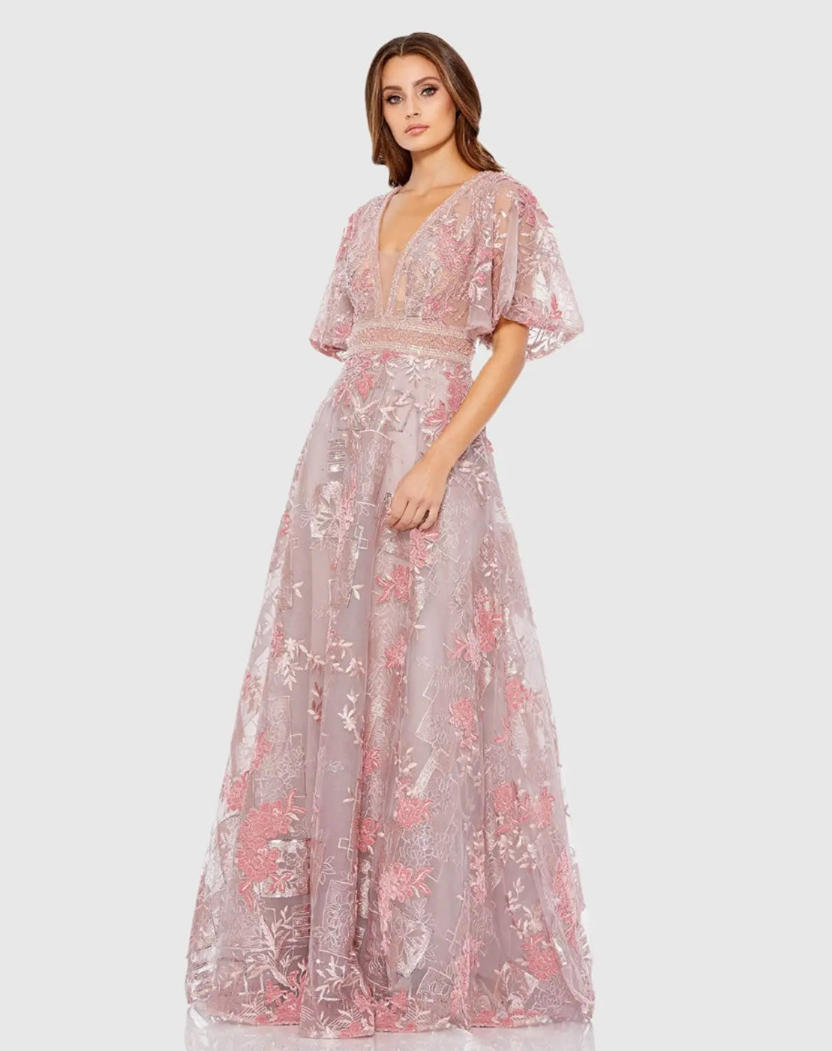 Pink Embroidered Flounce Sleeve A Line Gown-Myartka