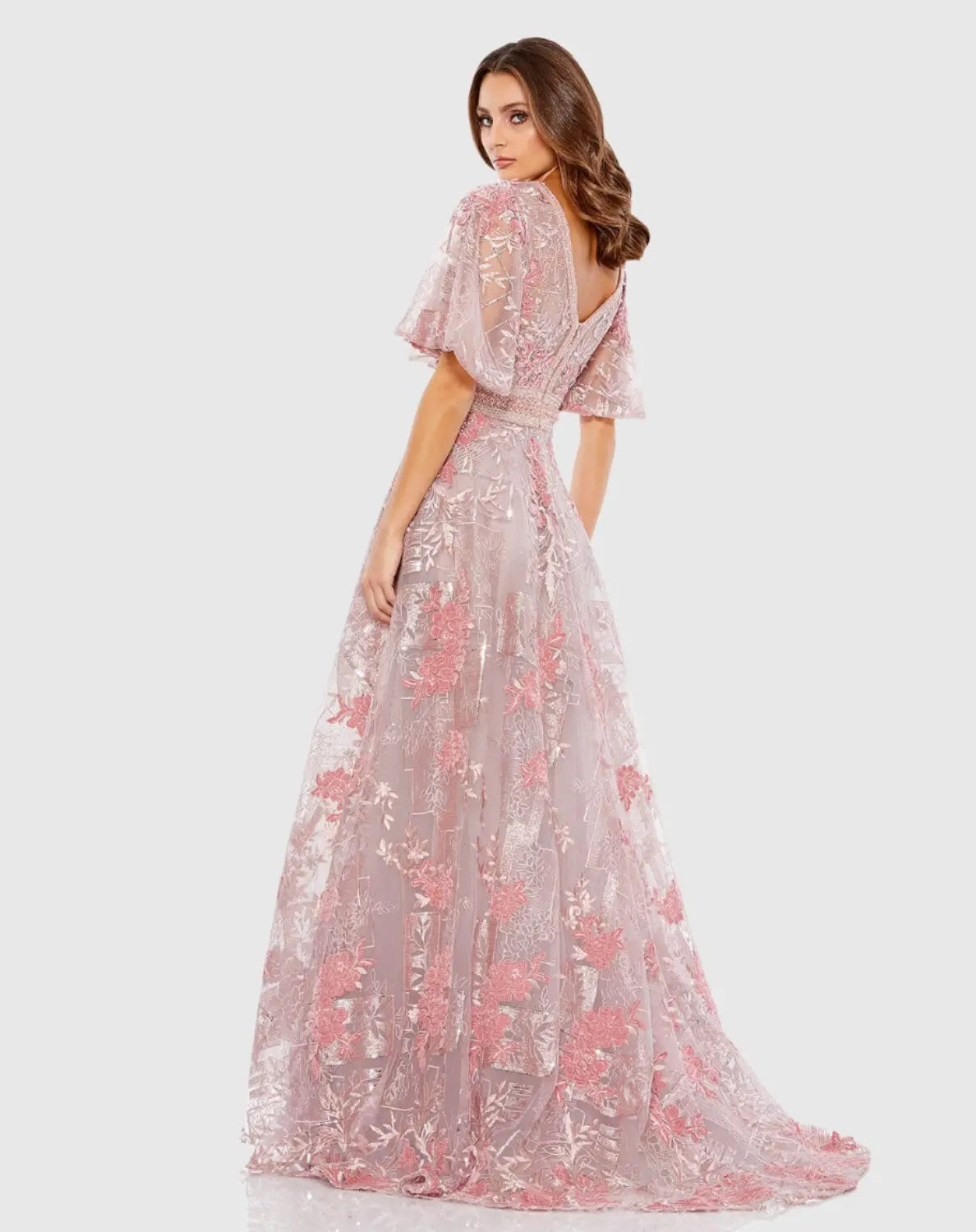 Pink Embroidered Flounce Sleeve A Line Gown-Myartka