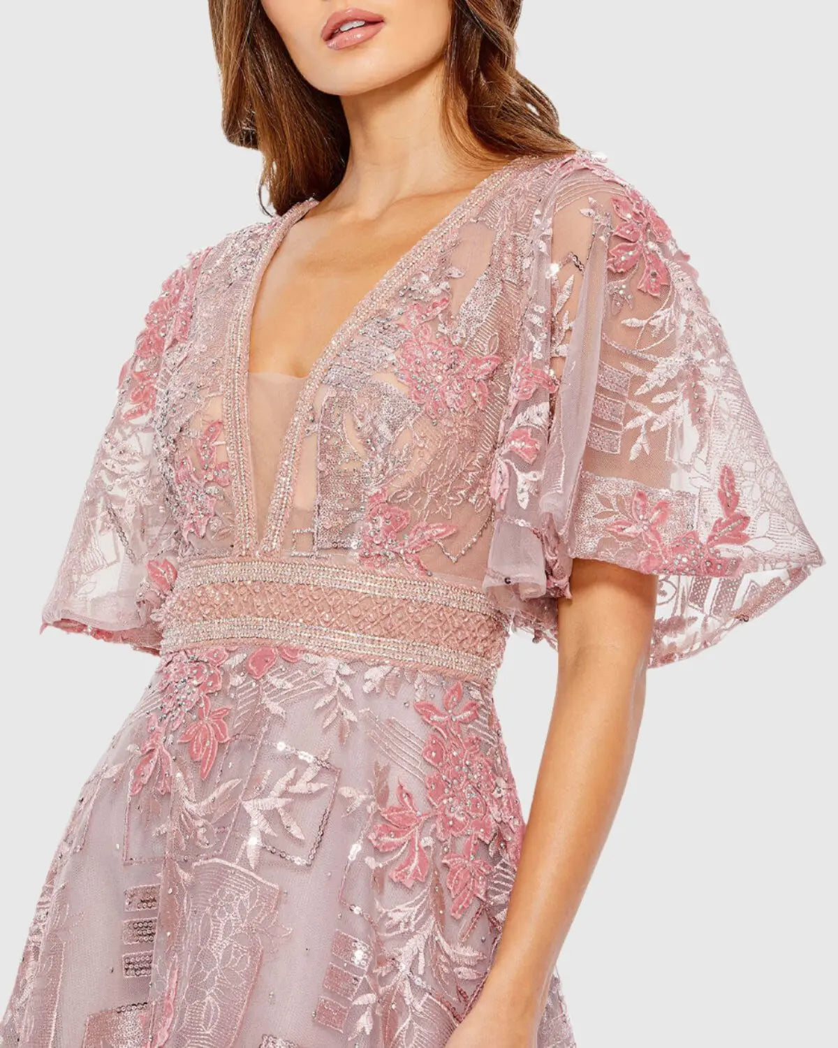 Pink Embroidered Flounce Sleeve A Line Gown-Myartka