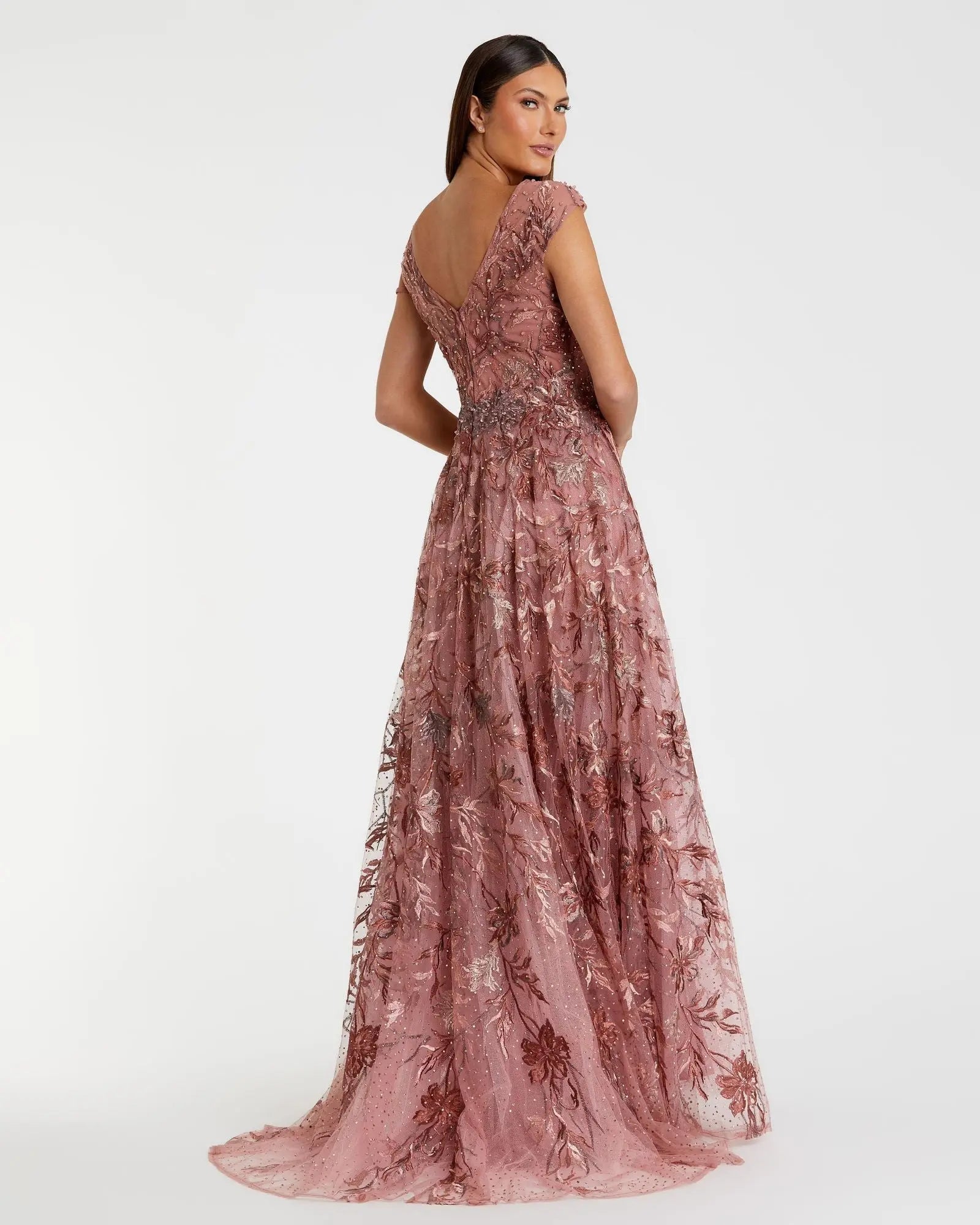Pink Embroidered Illusion Cap Sleeve A Line Gown-Myartka