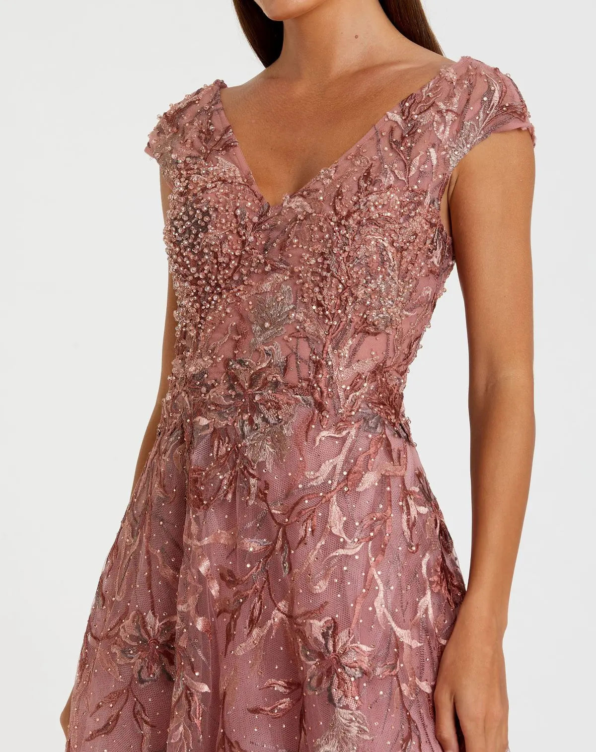 Pink Embroidered Illusion Cap Sleeve A Line Gown-Myartka