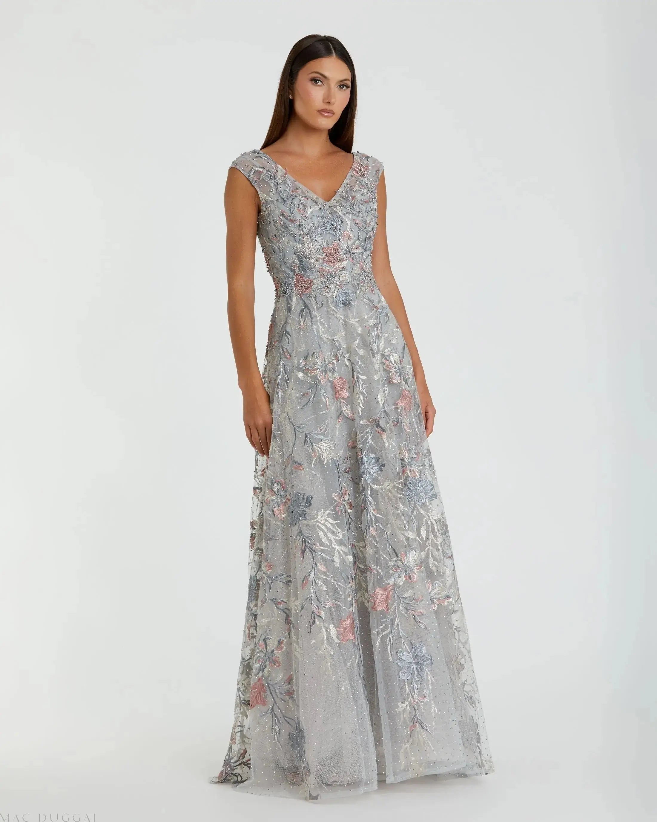 Gray Embroidered Illusion Cap Sleeve A Line Gown-Myartka