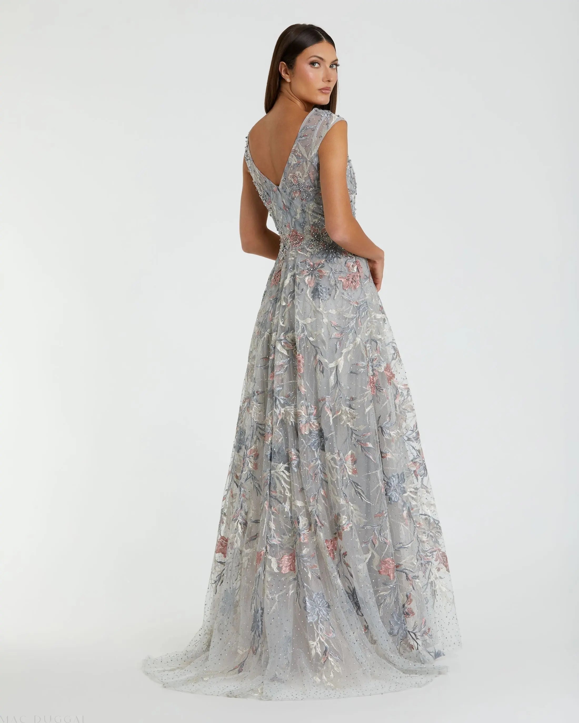 Gray Embroidered Illusion Cap Sleeve A Line Gown-Myartka