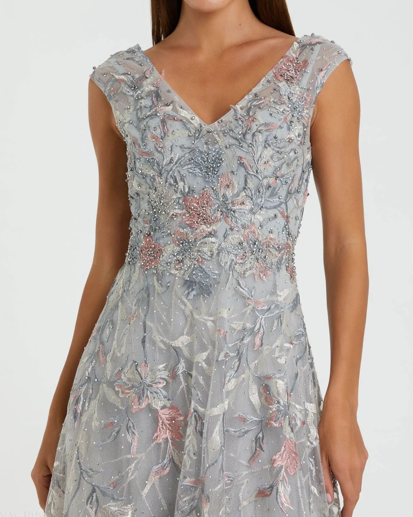 Gray Embroidered Illusion Cap Sleeve A Line Gown-Myartka