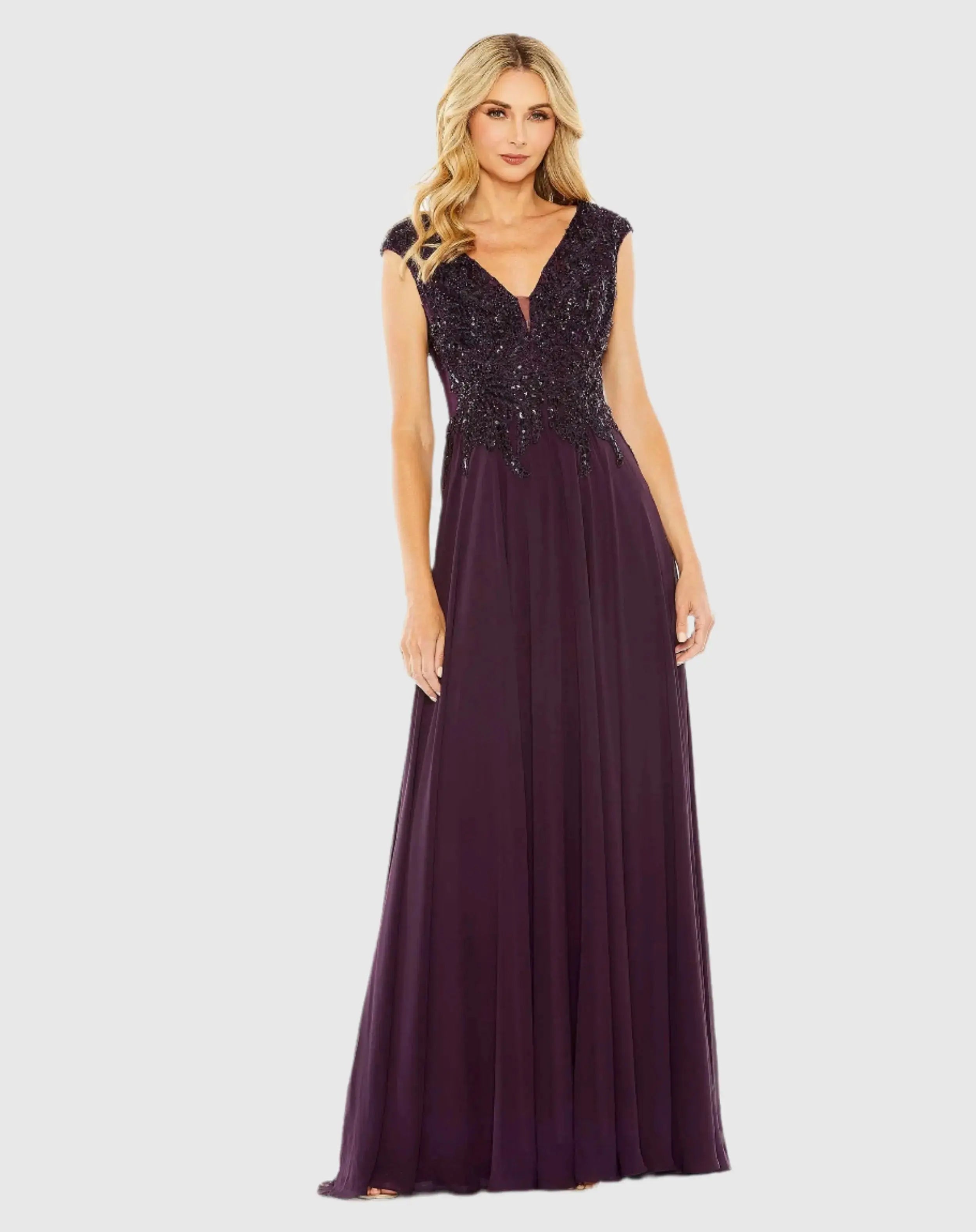 Purple Cap Sleeve Applique Bodice Flowy Gown-Myartka