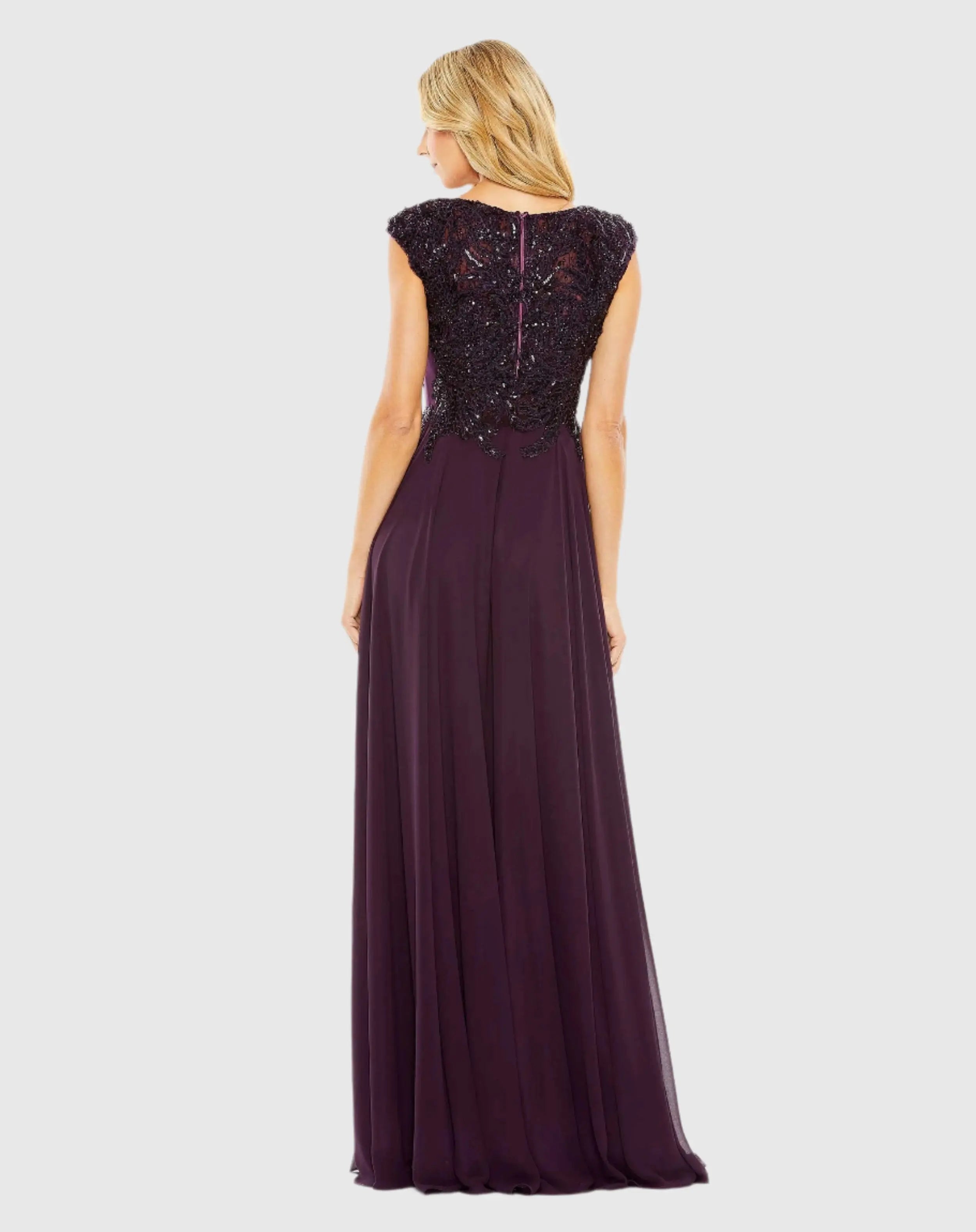 Purple Cap Sleeve Applique Bodice Flowy Gown-Myartka