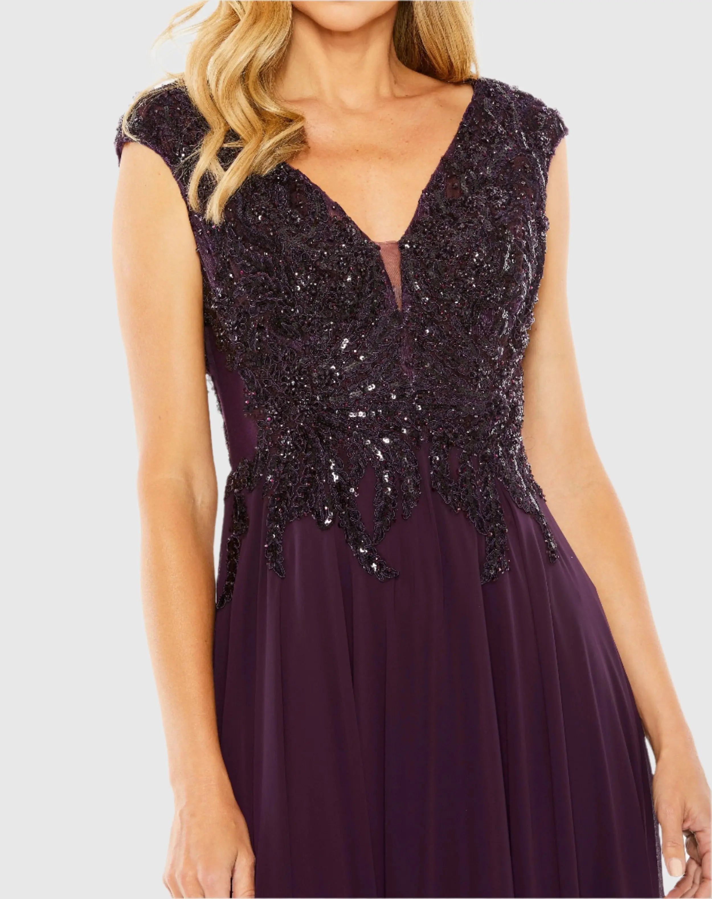 Purple Cap Sleeve Applique Bodice Flowy Gown-Myartka