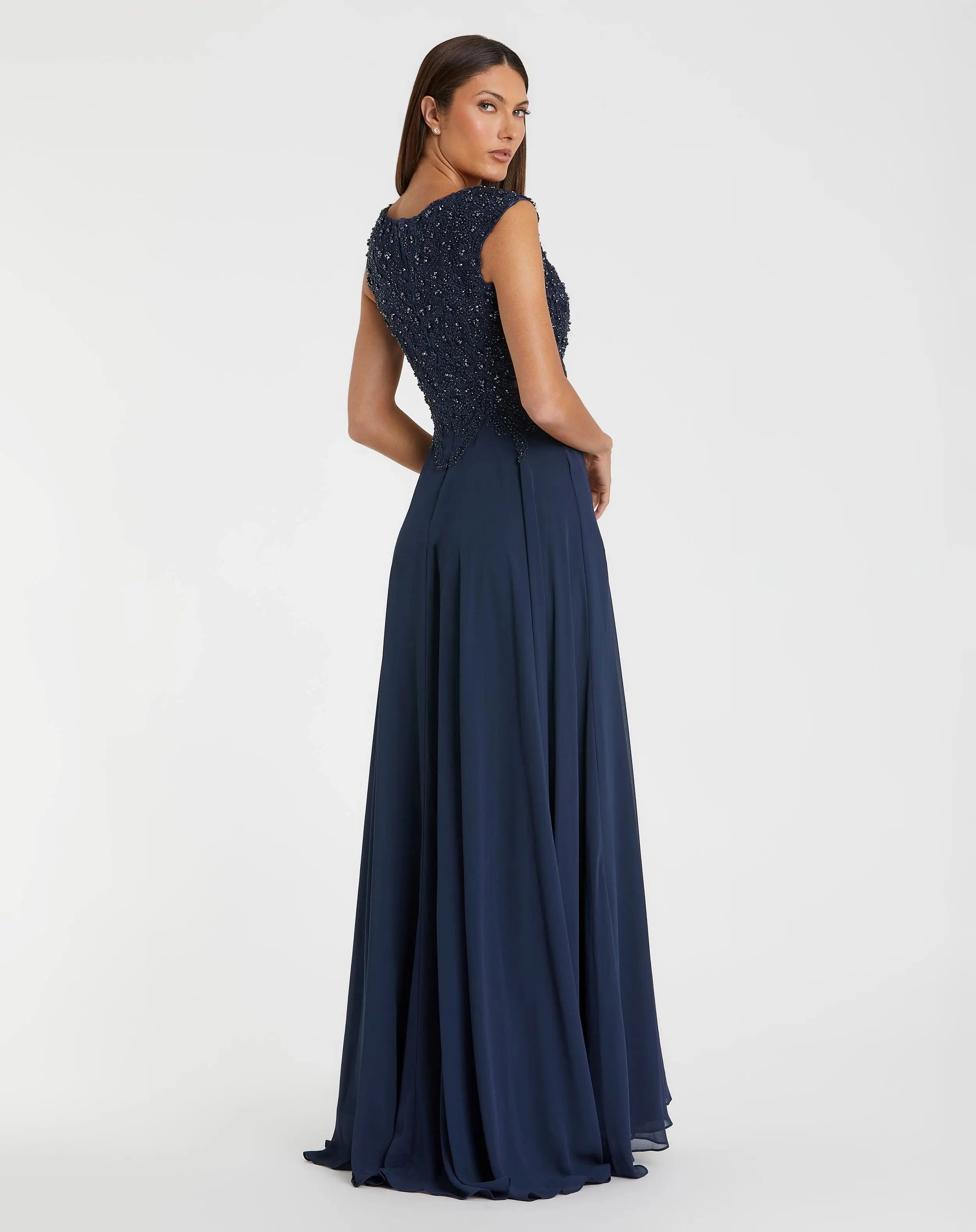 Navy Cap Sleeve Applique Bodice Flowy Gown-Myartka