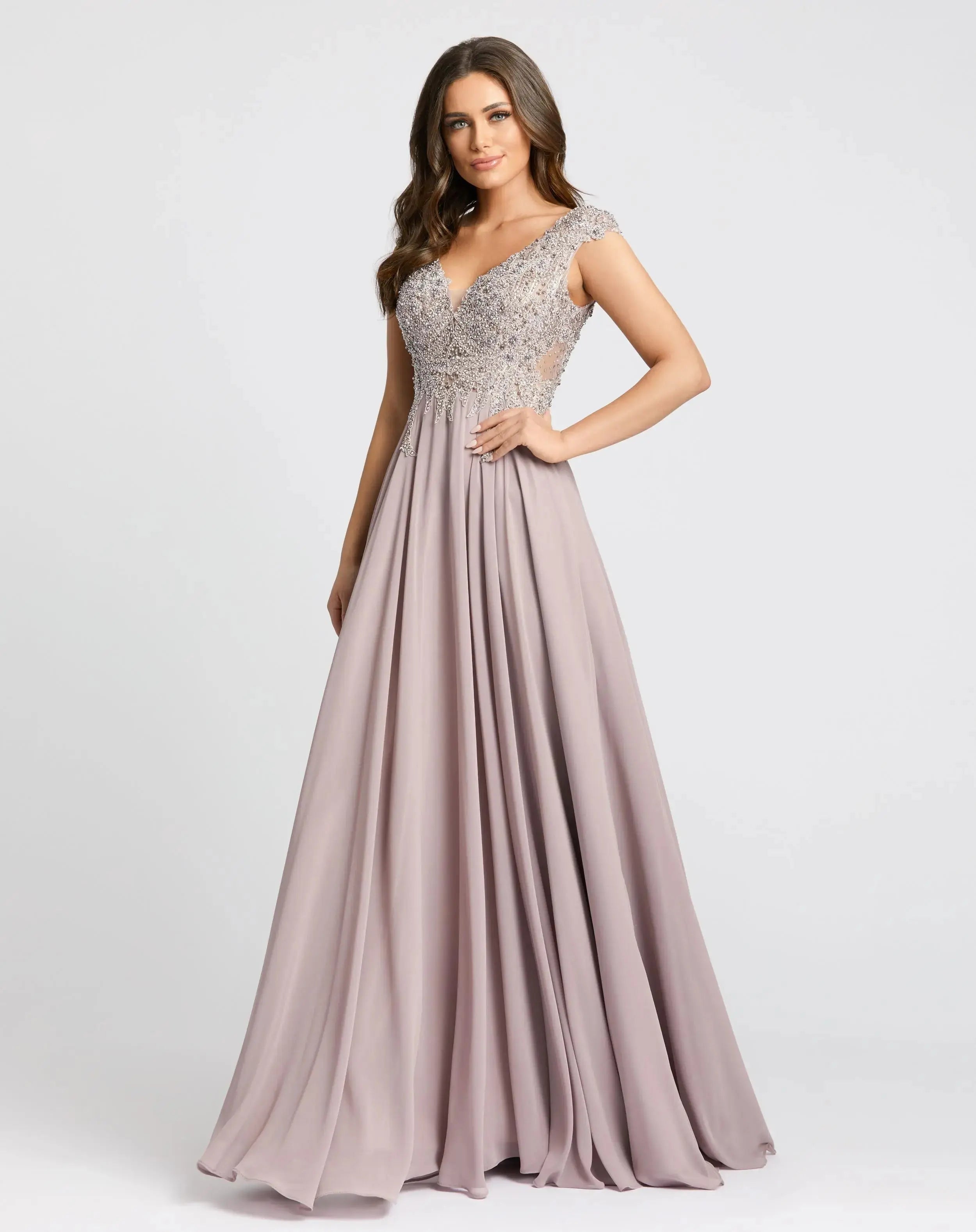 Applique Cap Sleeve Bodice Flowy Gown-Myartka