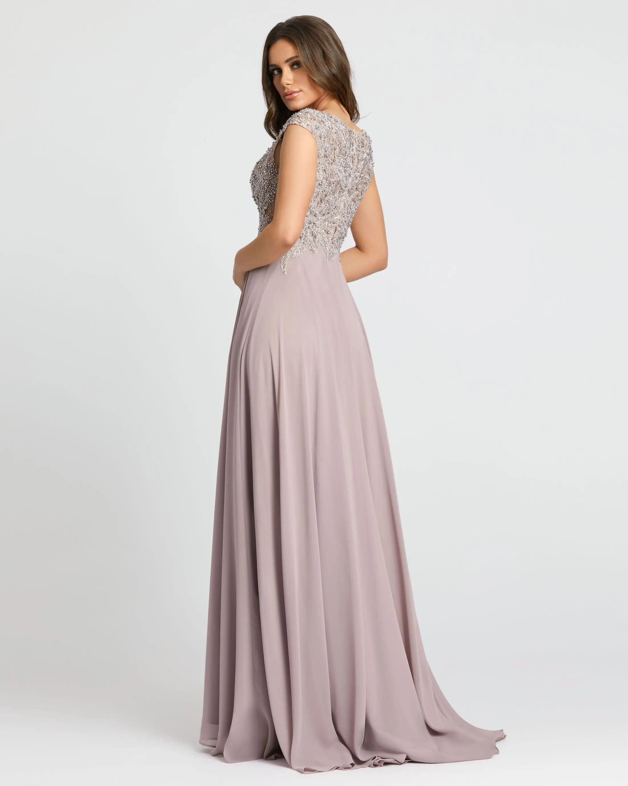 Light Purple Cap Sleeve Applique Bodice Flowy Gown-Myartka