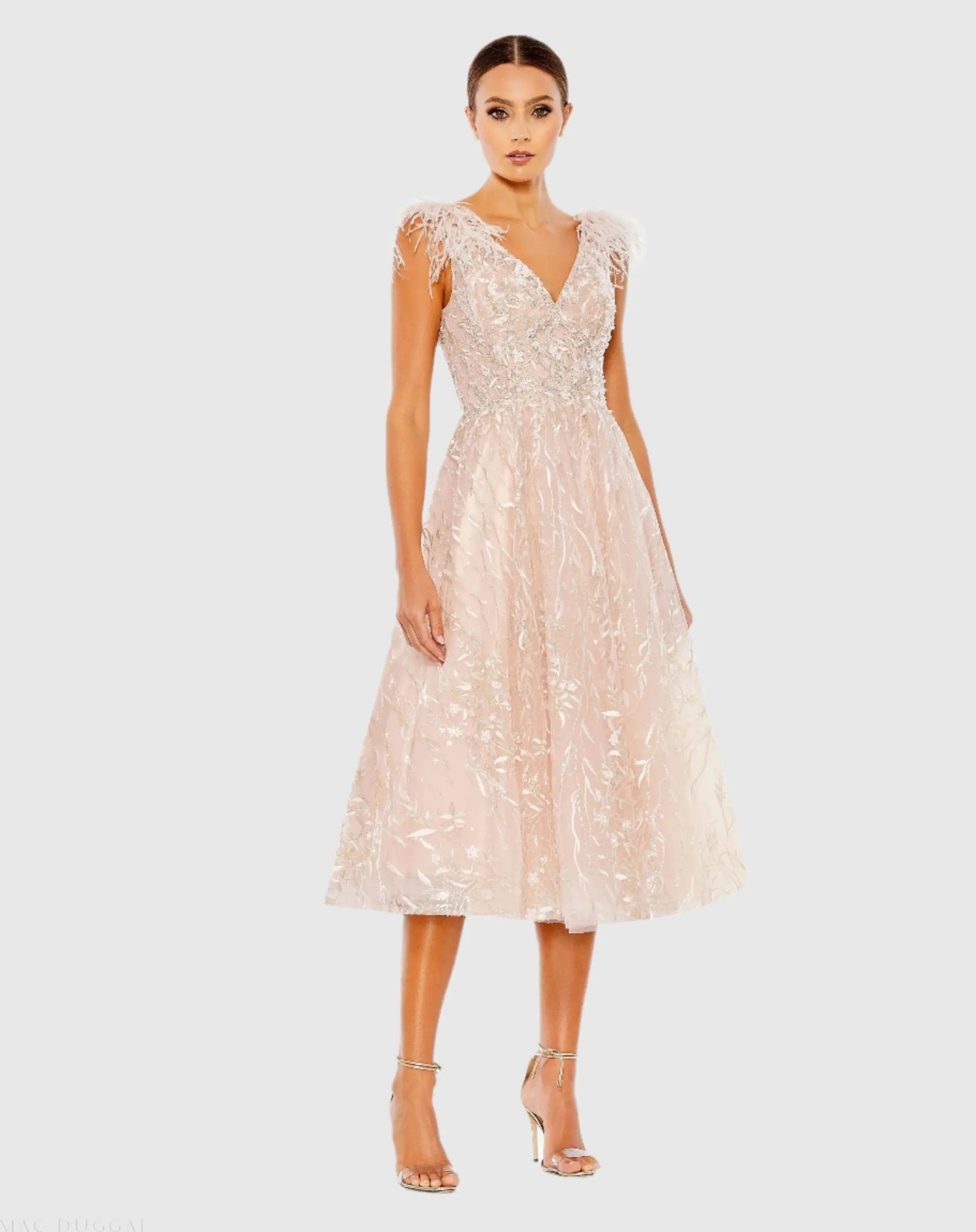 Pink Embroidered Sleeveless Feather Detail Midi Dress-Myartka