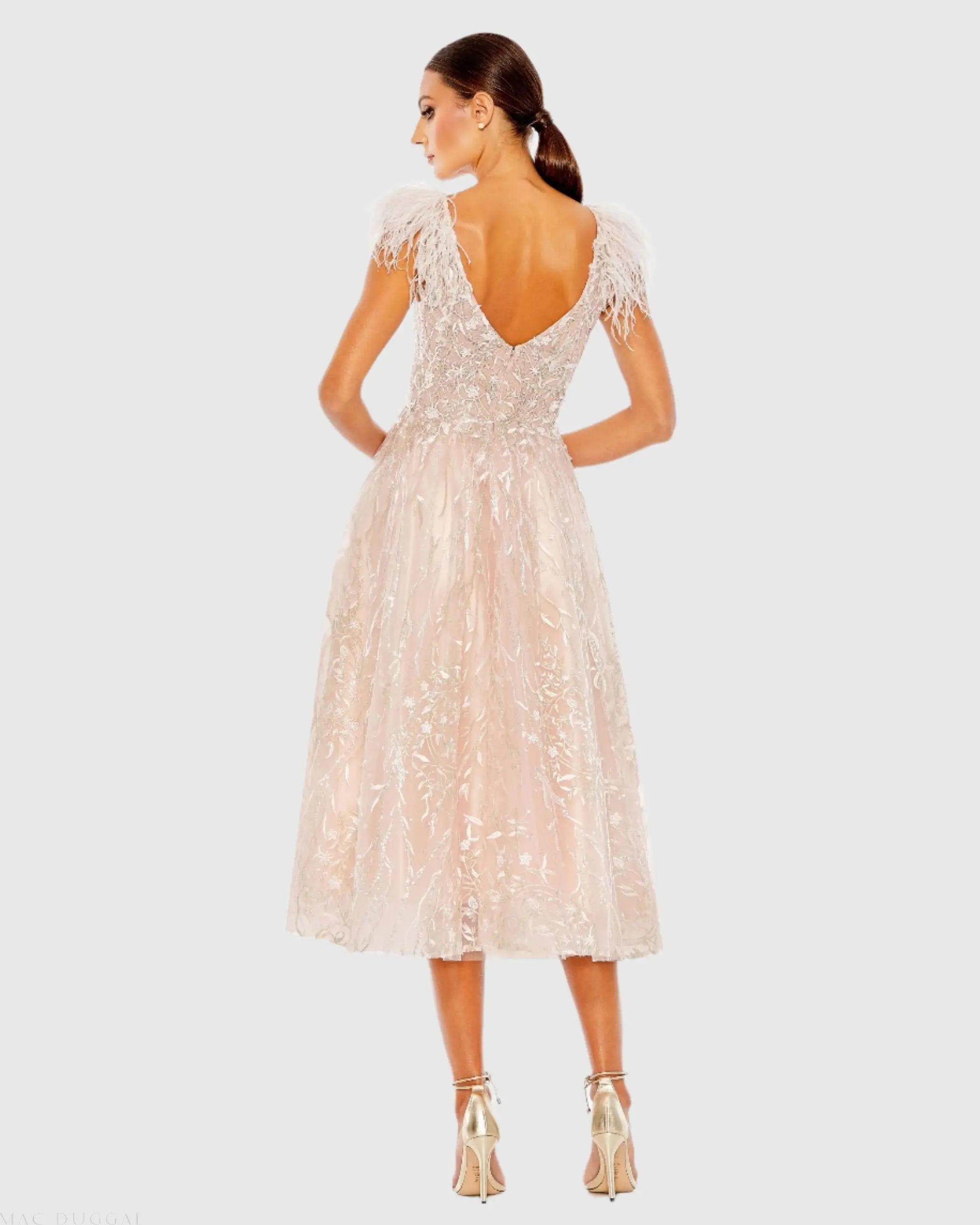 Pink Embroidered Sleeveless Feather Detail Midi Dress-Myartka