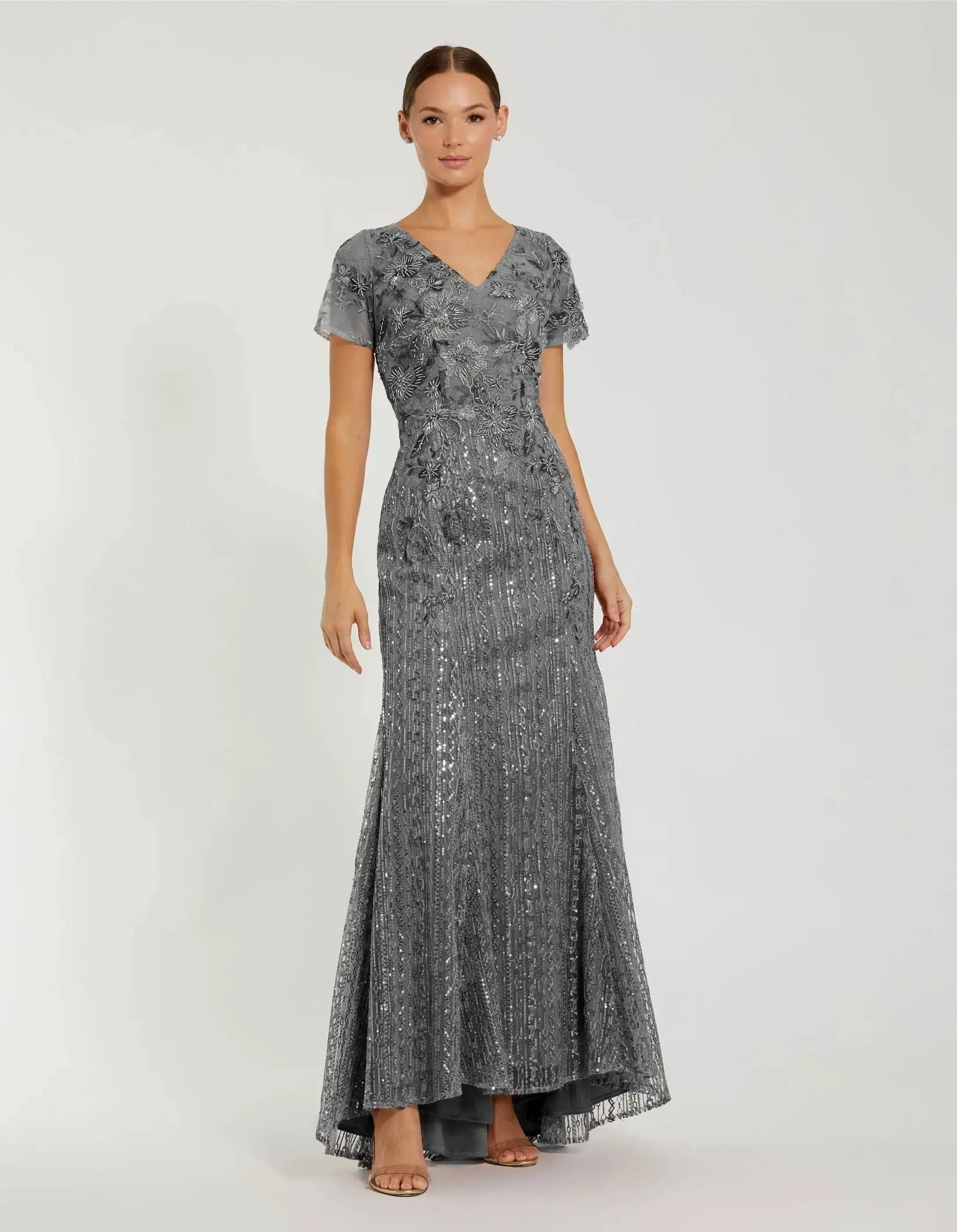 Gray Embellished V Neck Cap Sleeve Trumpet Gown - FINAL SALE-Myartka