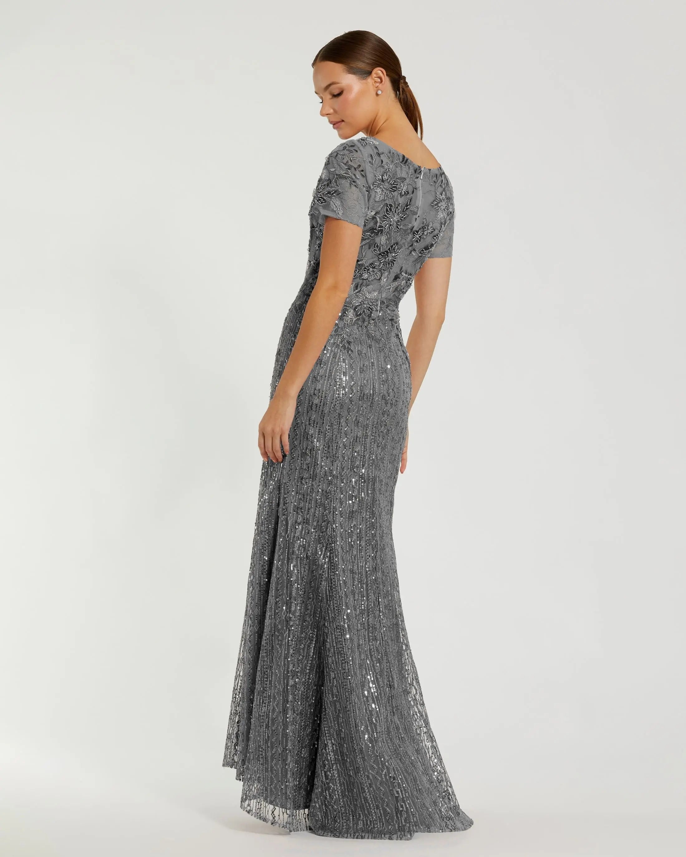 Gray Embellished V Neck Cap Sleeve Trumpet Gown - FINAL SALE-Myartka