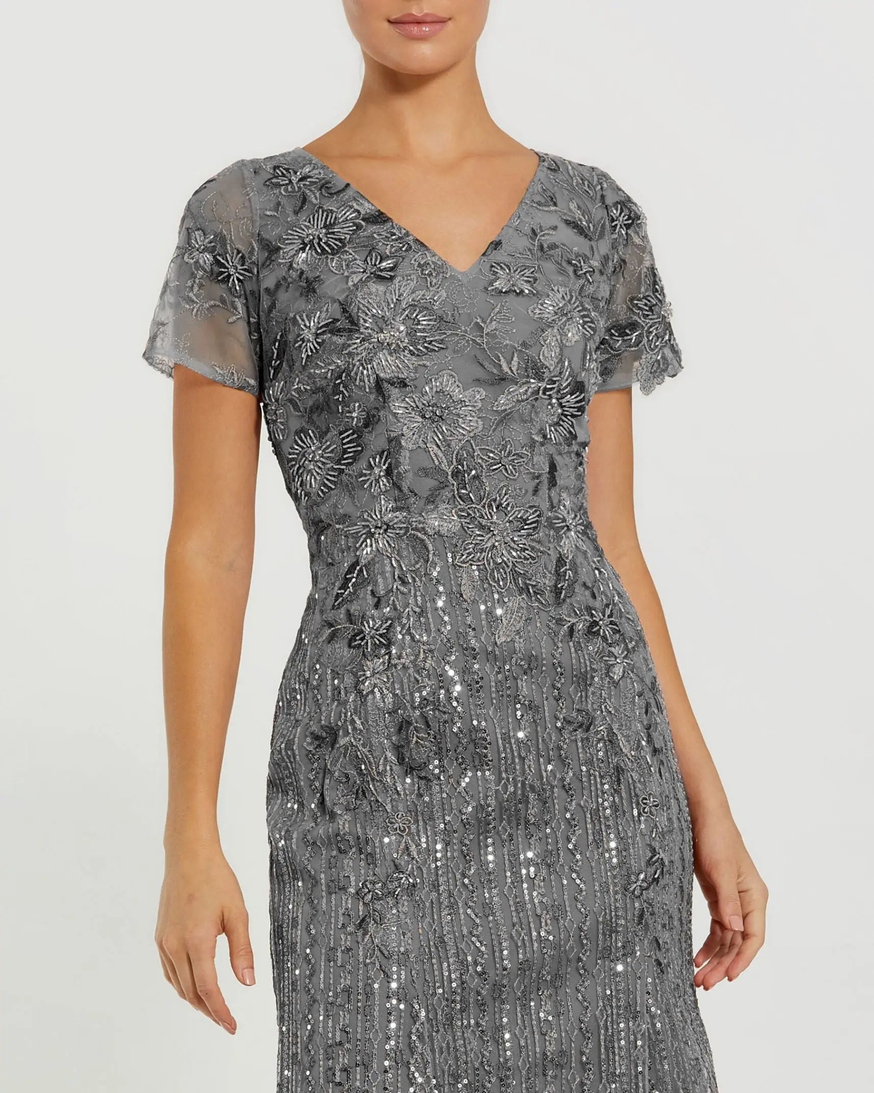 Gray Embellished V Neck Cap Sleeve Trumpet Gown - FINAL SALE-Myartka