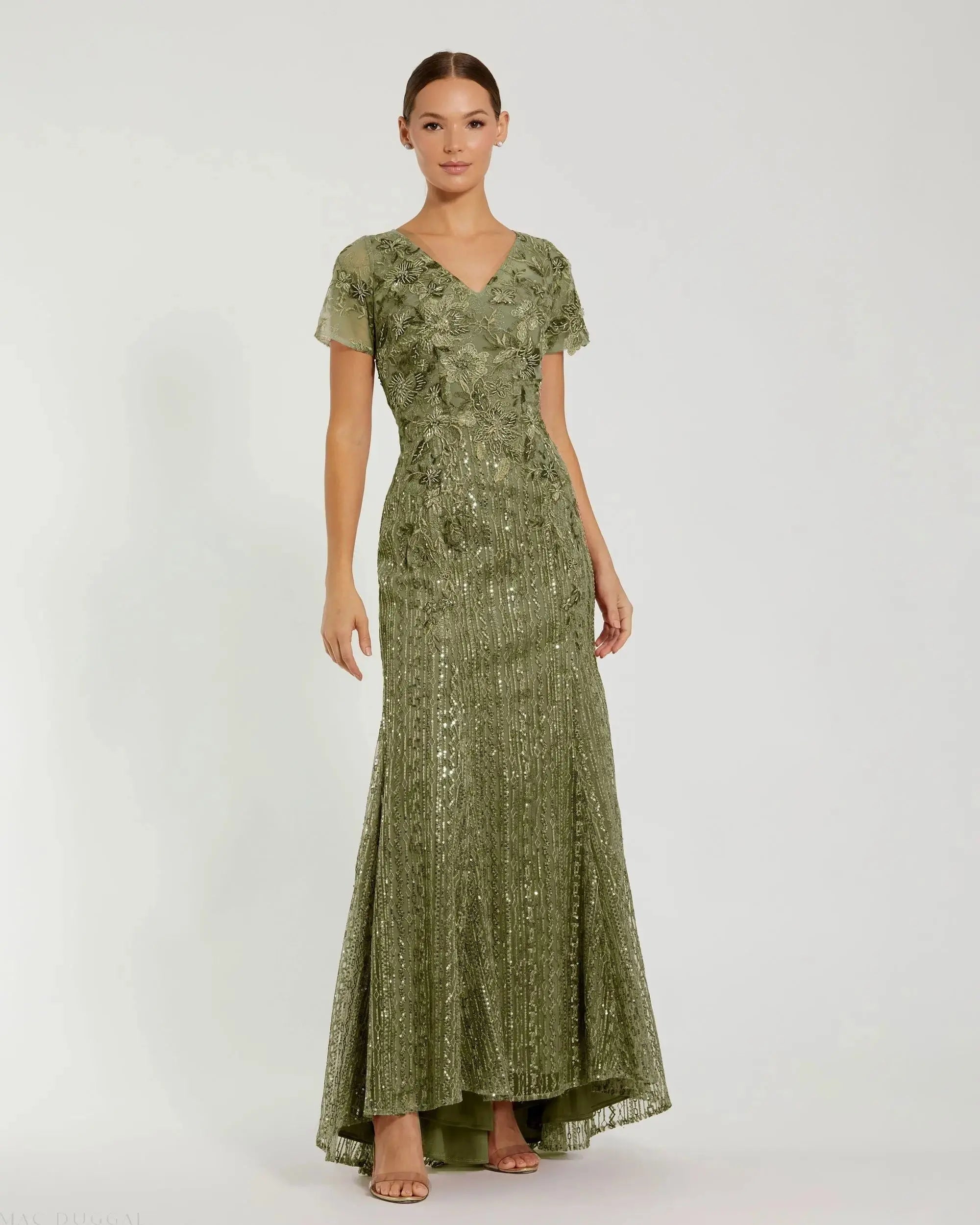 Green Embellished V Neck Cap Sleeve Trumpet Gown-Myartka