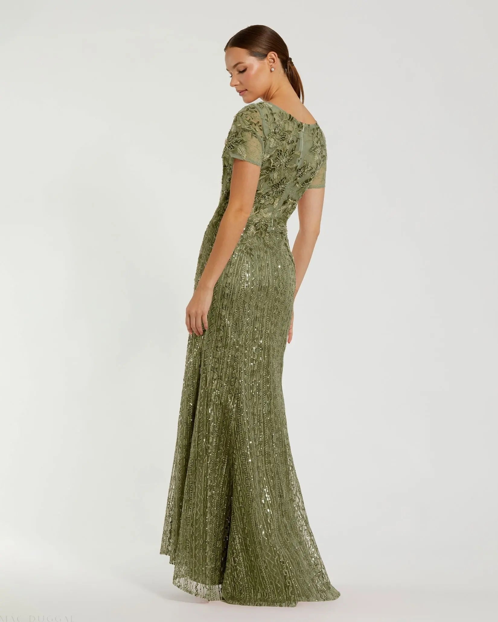 Green Embellished V Neck Cap Sleeve Trumpet Gown-Myartka