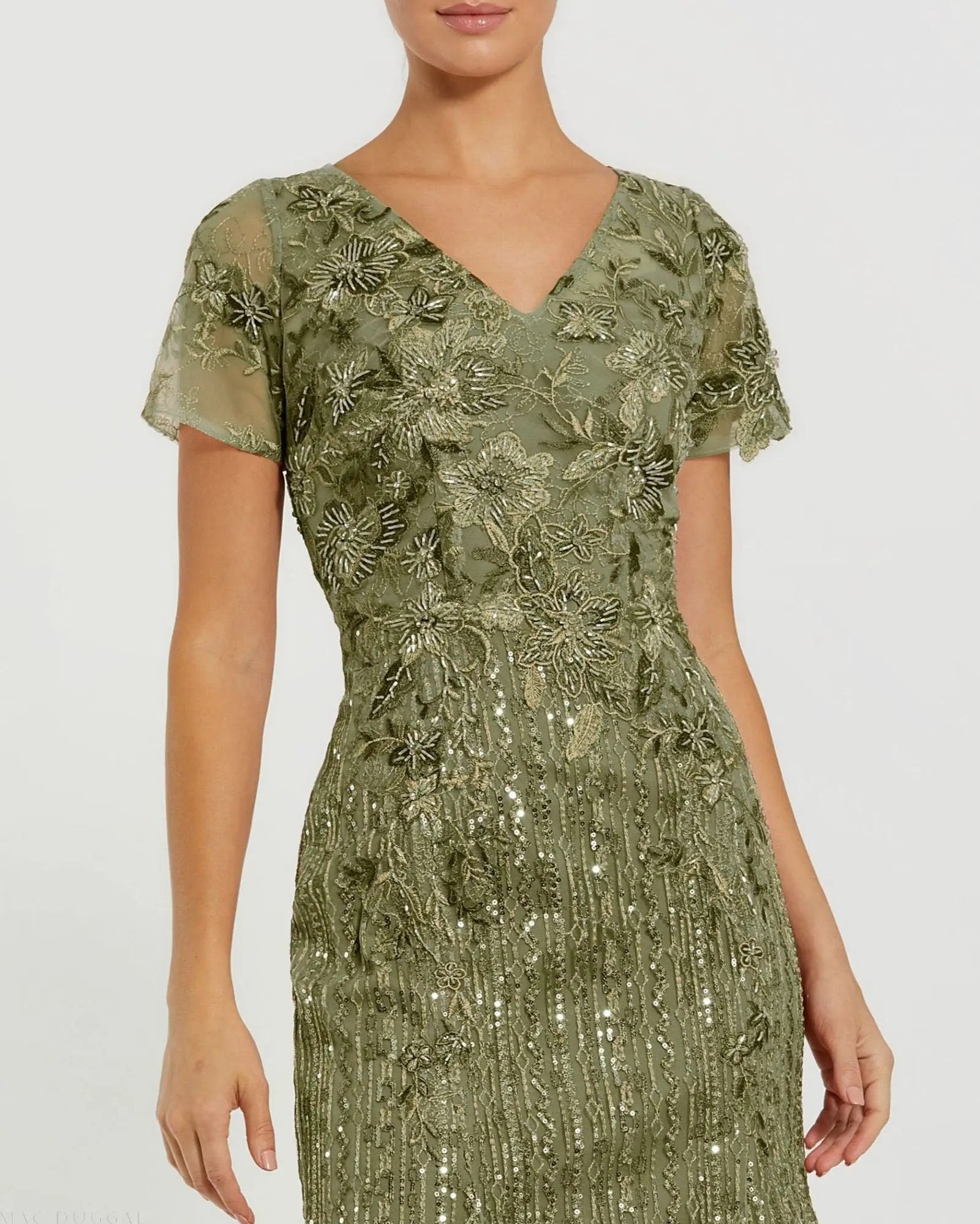 Green Embellished V Neck Cap Sleeve Trumpet Gown-Myartka