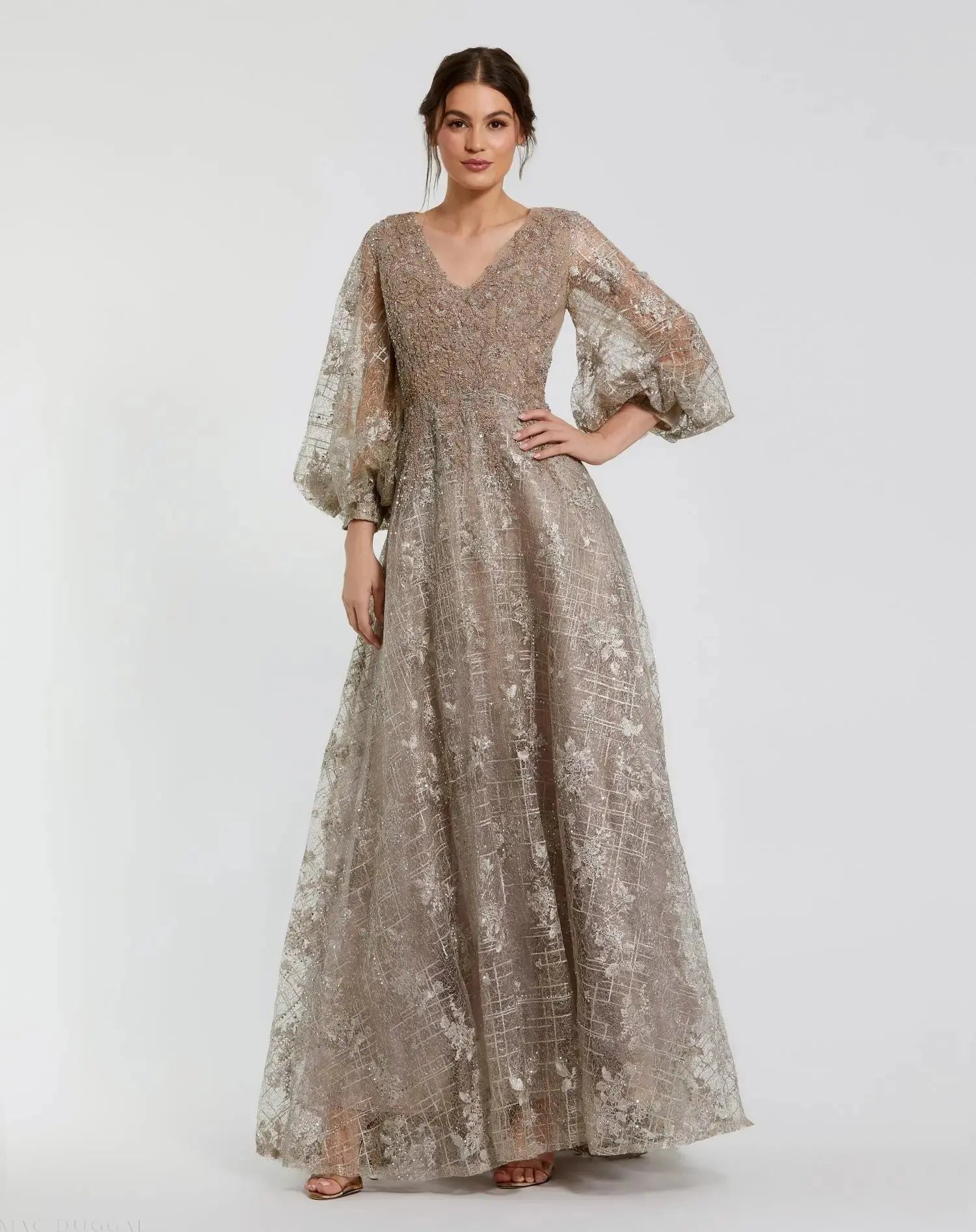 Beige Embellished Plunge Neck Puff Sleeve A Line Gown-Myartka