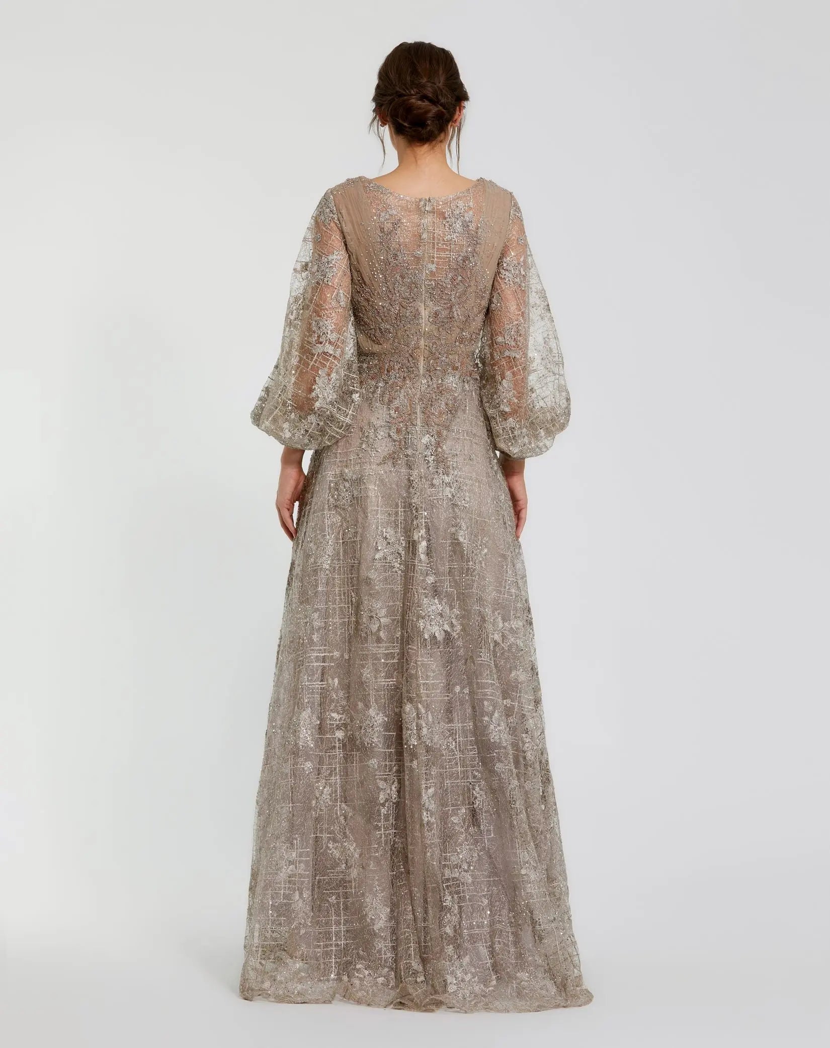 Beige Embellished Plunge Neck Puff Sleeve A Line Gown-Myartka