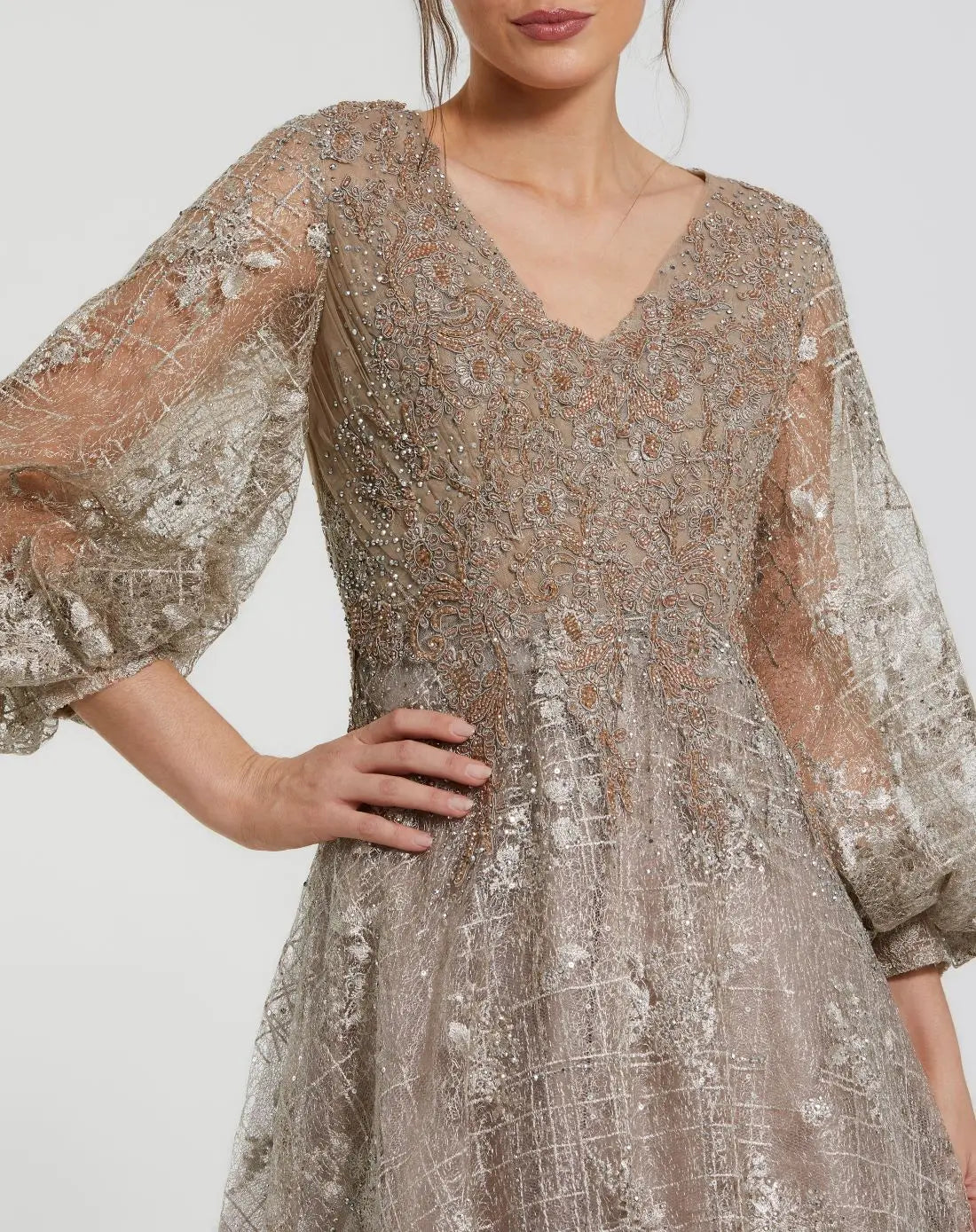 Beige Embellished Plunge Neck Puff Sleeve A Line Gown-Myartka