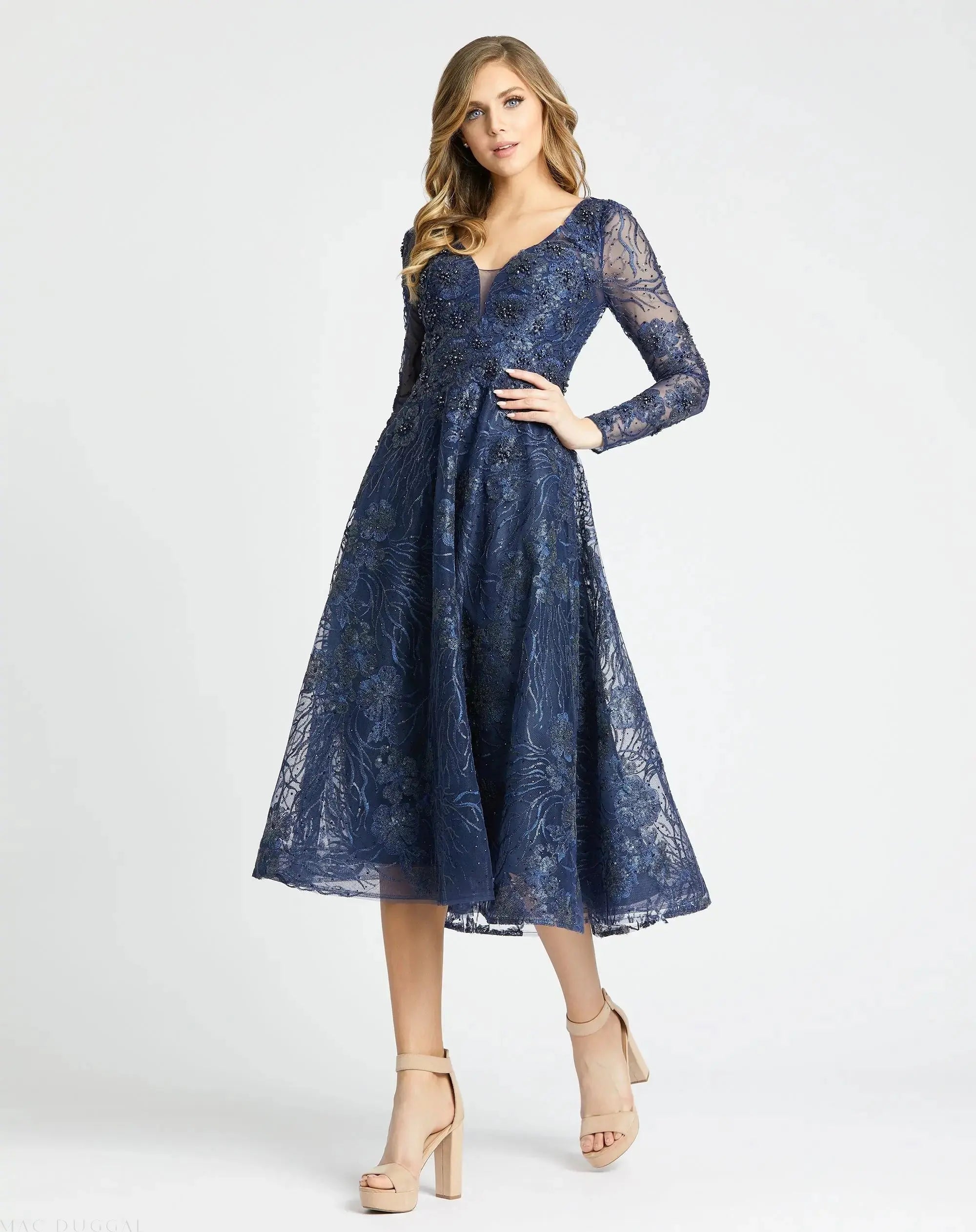 Embellished Plunge Neck Illusion Long Sleeve Midi-Myartka