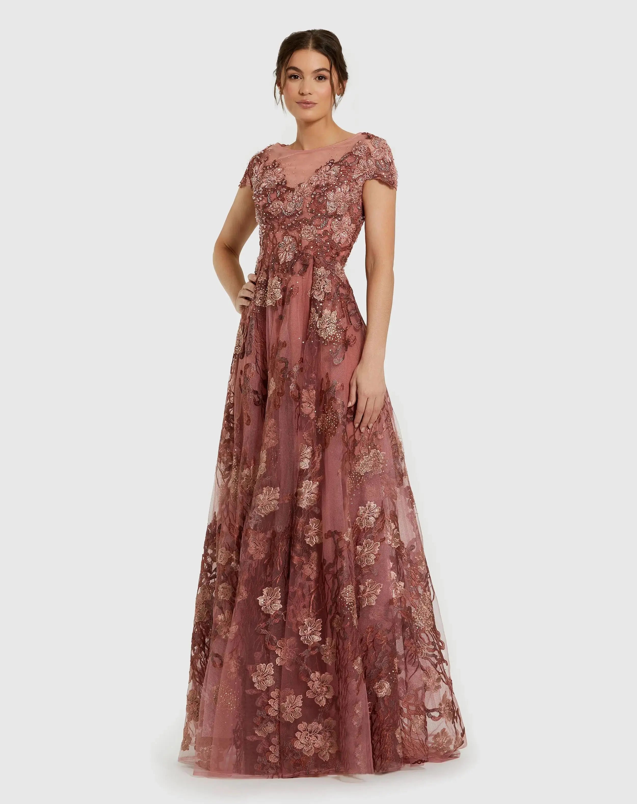 Pink Floral Embroidered Cap Sleeve Evening Gown-Myartka