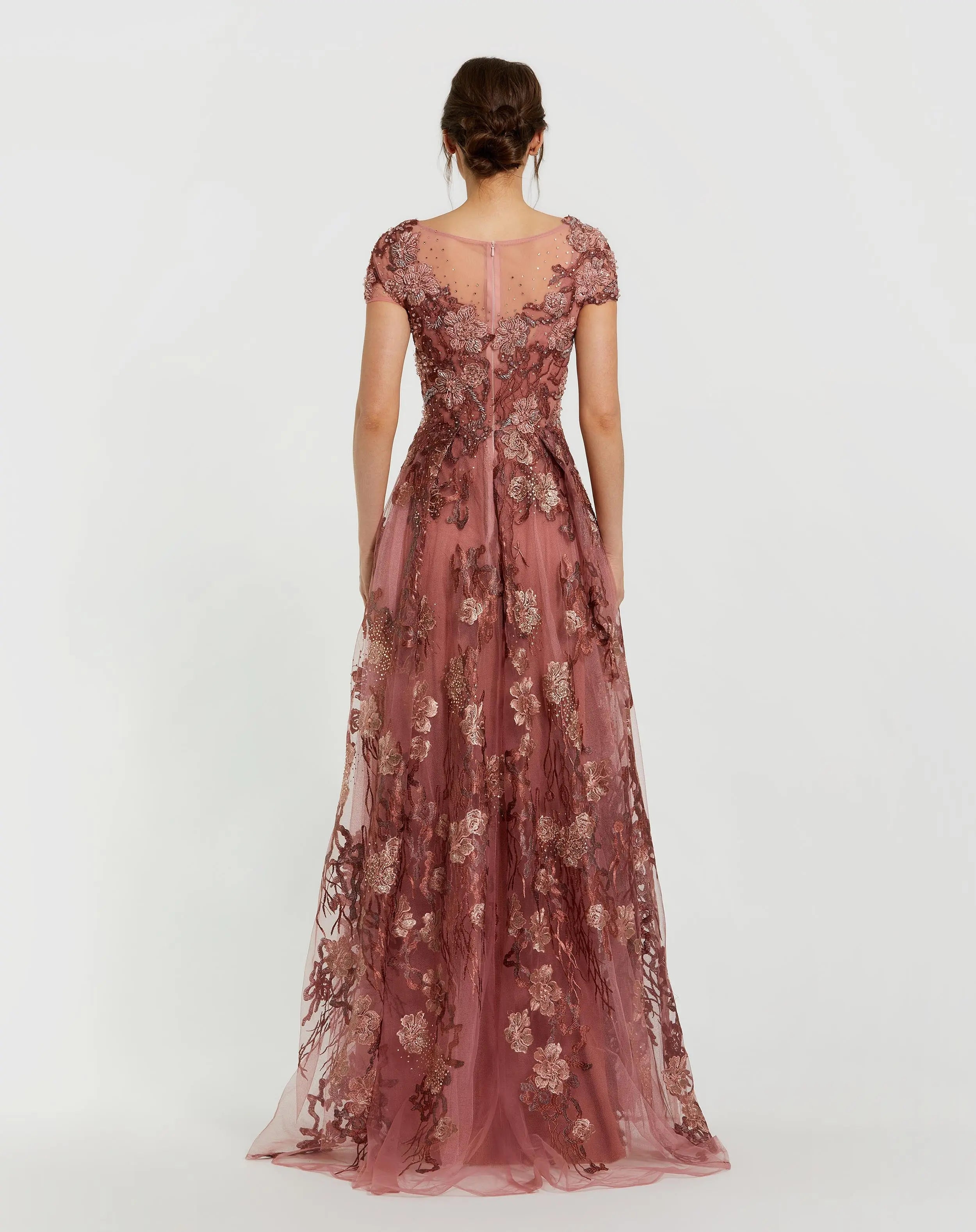 Pink Floral Embroidered Cap Sleeve Evening Gown-Myartka