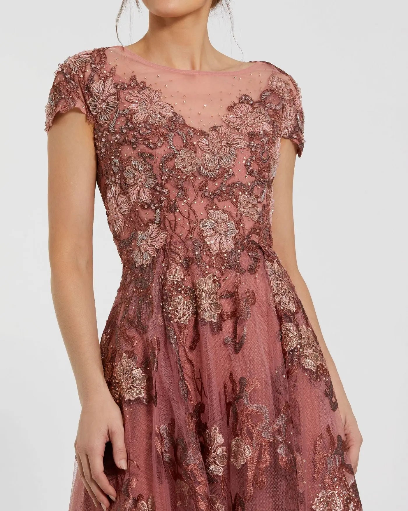 Pink Floral Embroidered Cap Sleeve Evening Gown-Myartka