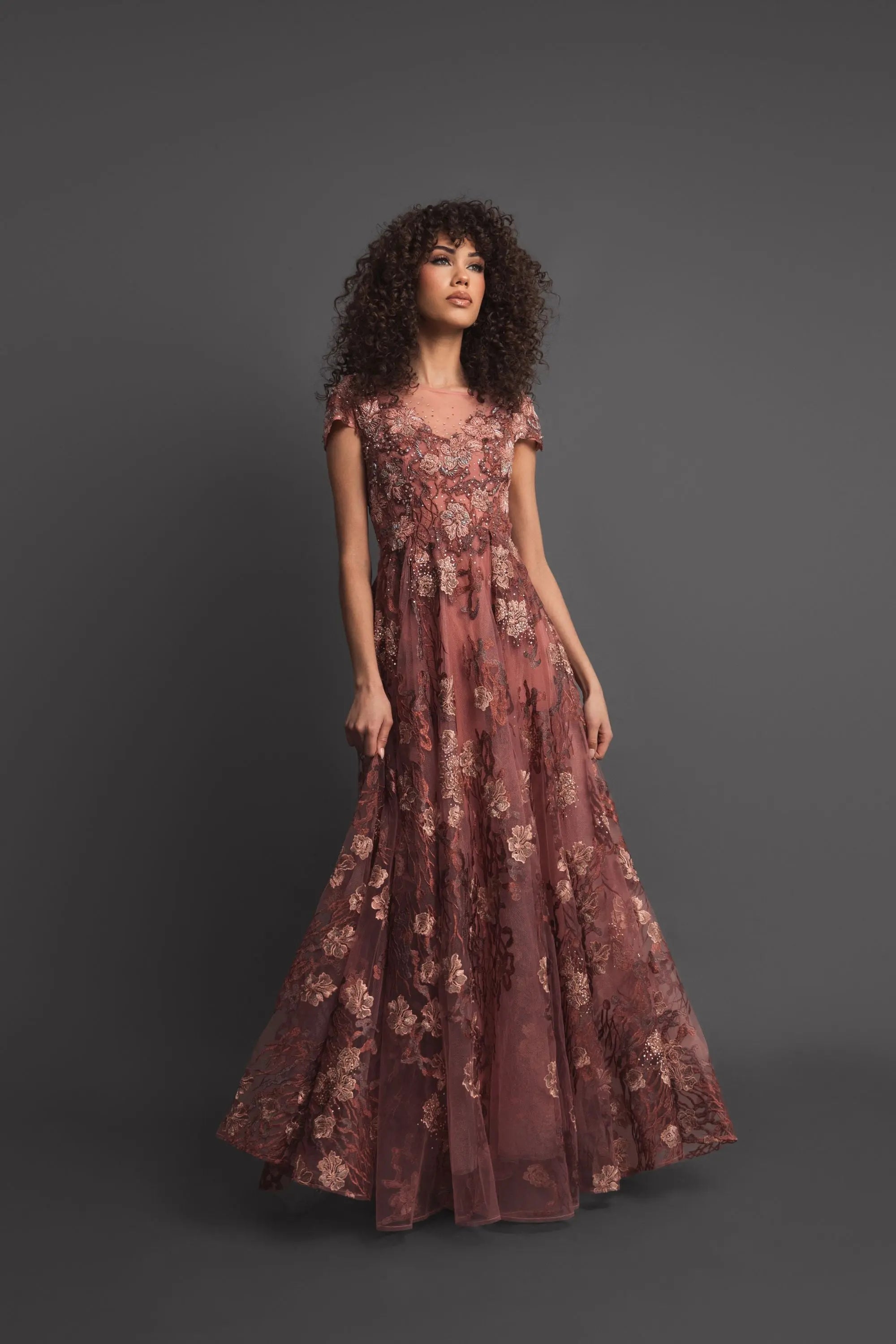 Pink Floral Embroidered Cap Sleeve Evening Gown-Myartka